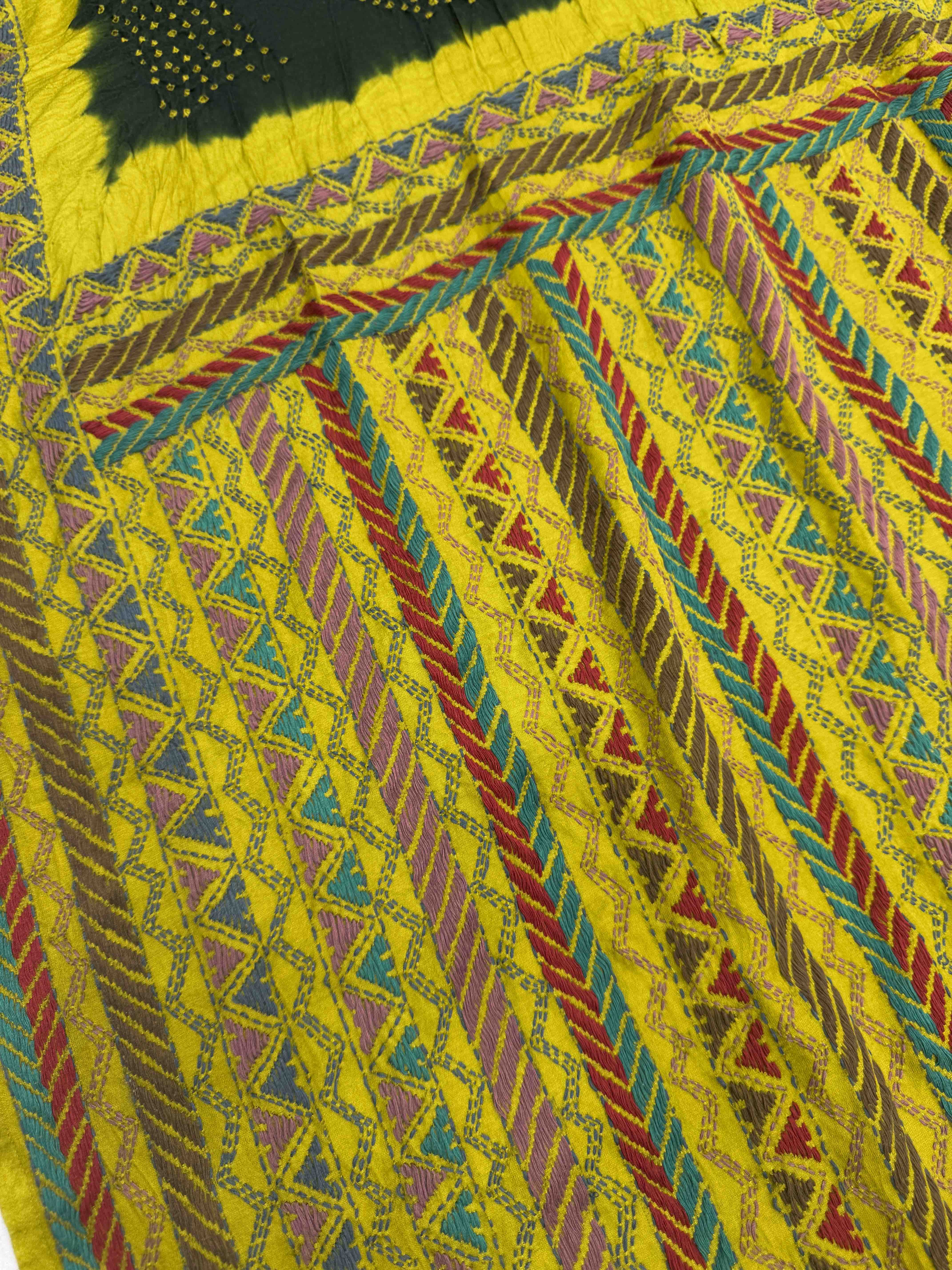 Mustard Yellow & Dark Green Gajji Silk with Kantha Work in Border Pallu Bandhani Saree
