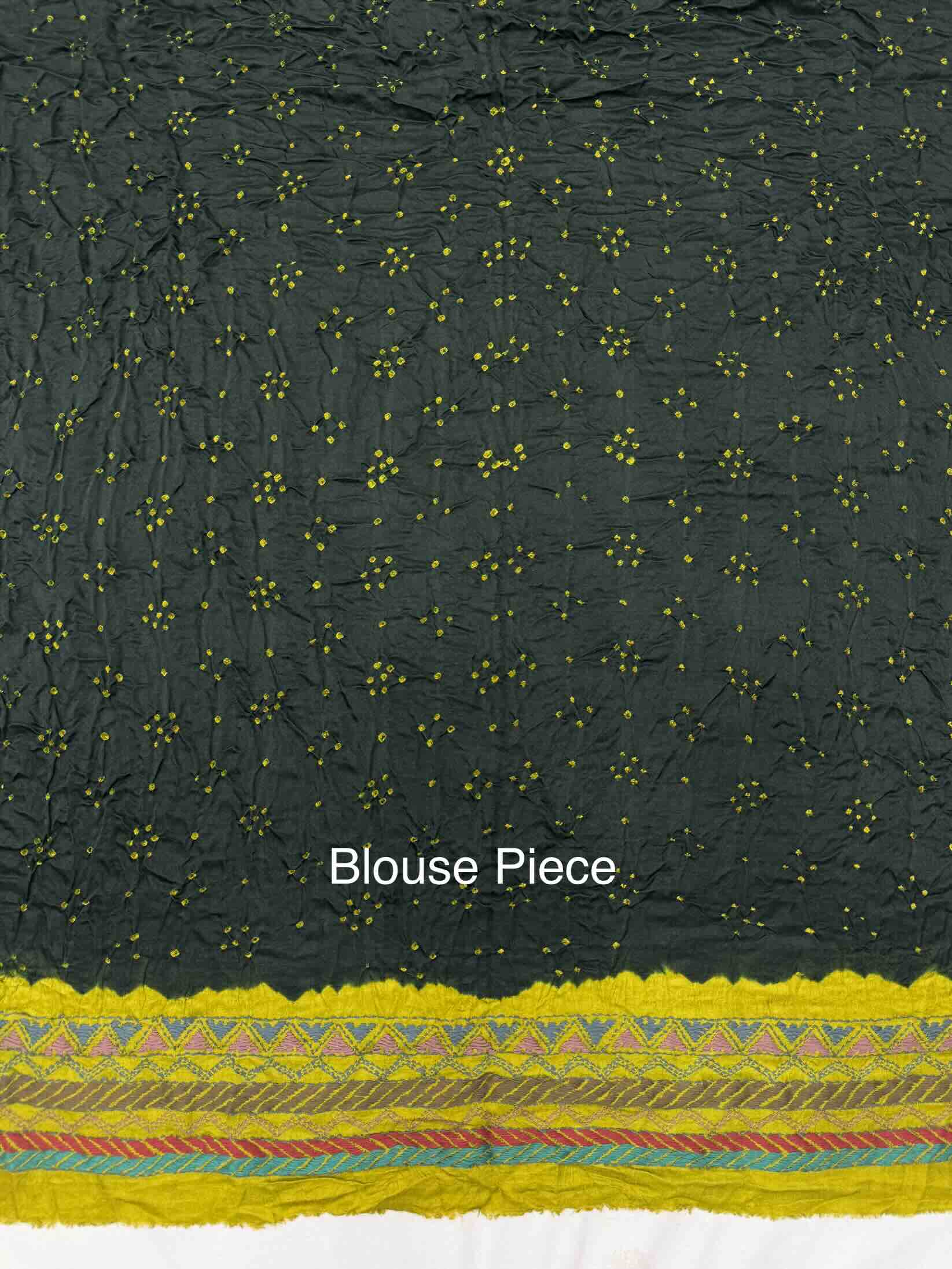 Mustard Yellow & Dark Green Gajji Silk with Kantha Work in Border Pallu Bandhani Saree