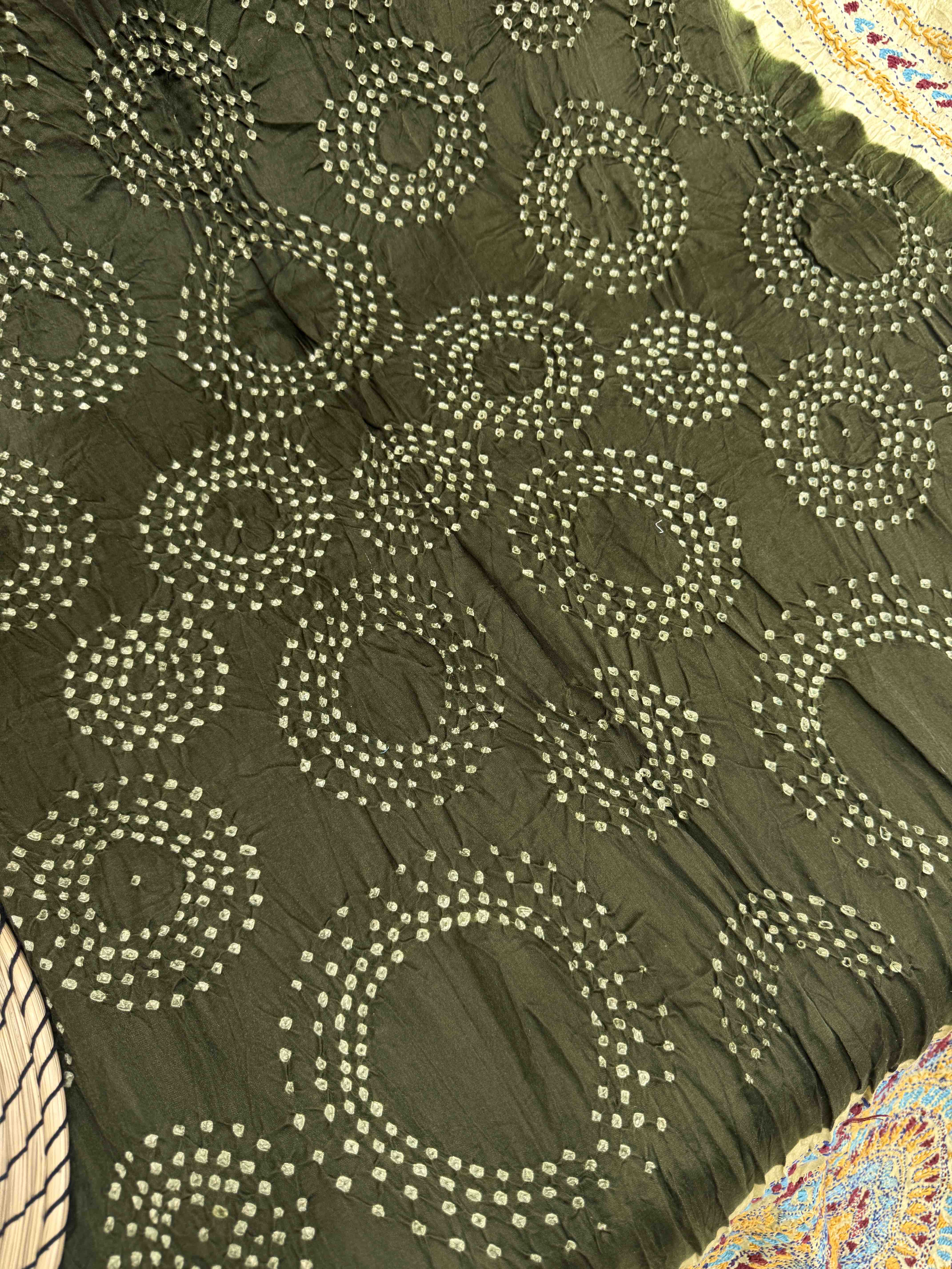 Off White & Mehendi Green Gajji Silk with Kantha Work in Border Pallu Bandhani Saree