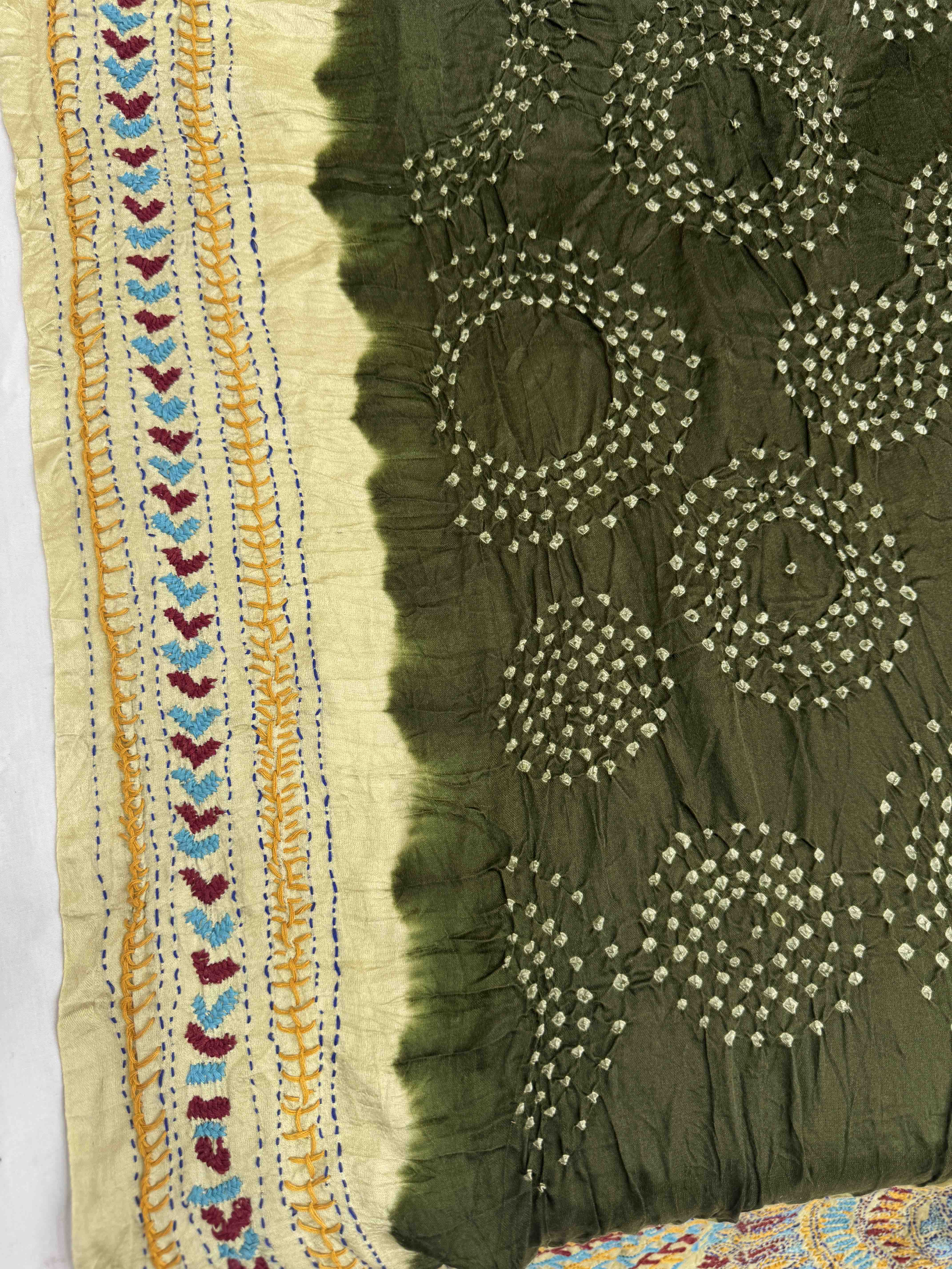 Off White & Mehendi Green Gajji Silk with Kantha Work in Border Pallu Bandhani Saree