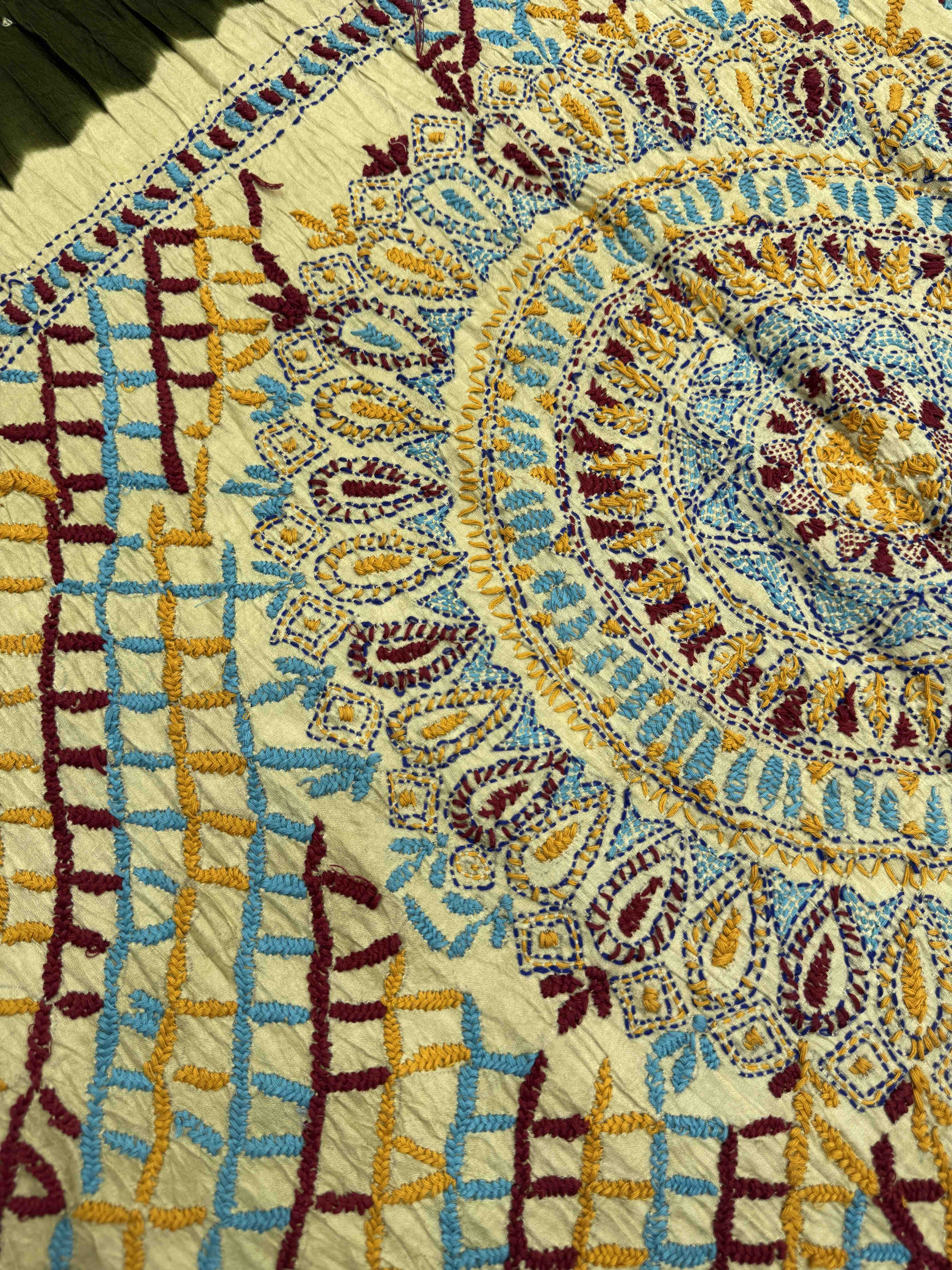 Off White & Mehendi Green Gajji Silk with Kantha Work in Border Pallu Bandhani Saree