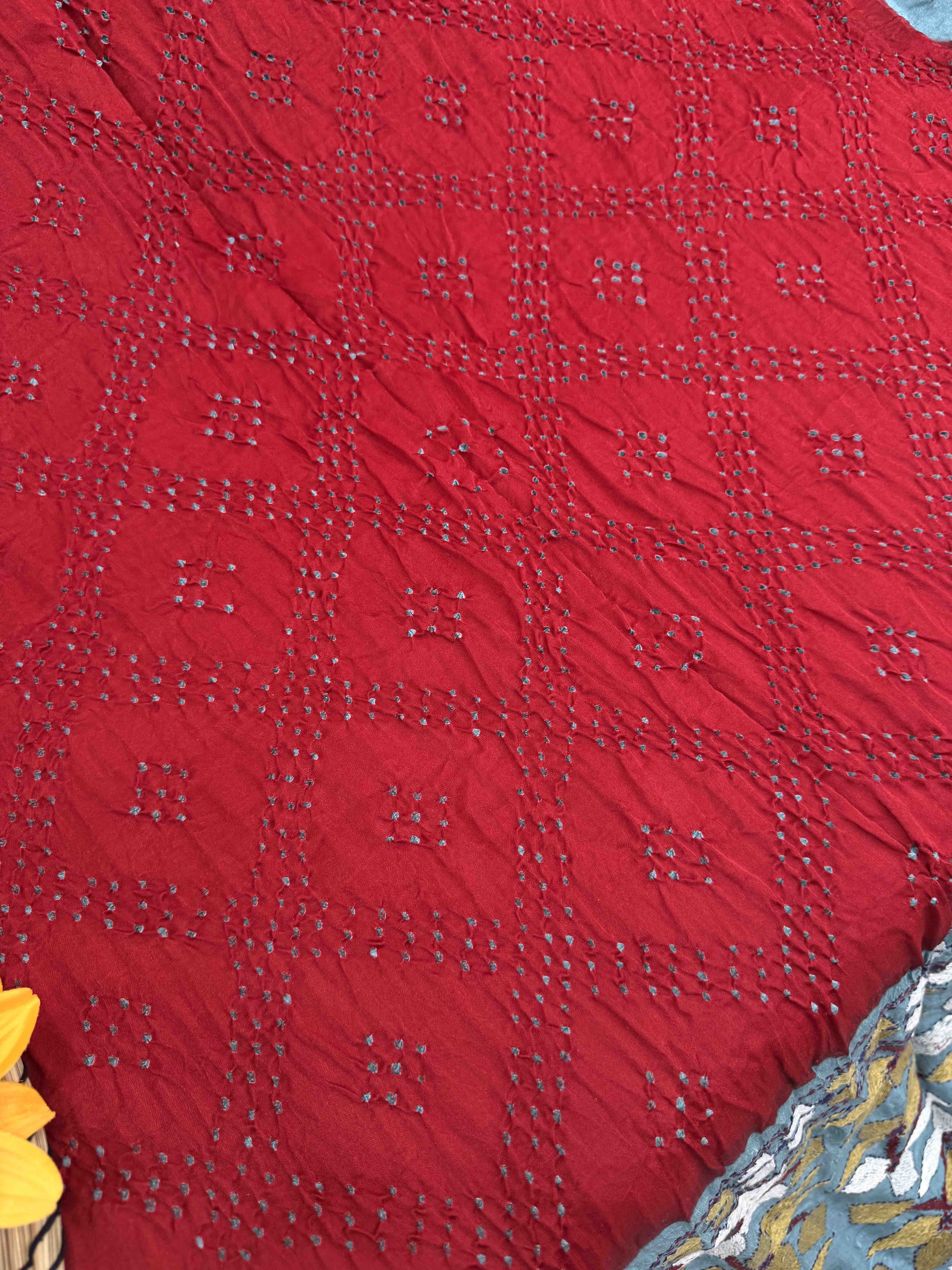 Bluish Grey & Red Gajji Silk with Kantha Work in Border Pallu Bandhani Saree