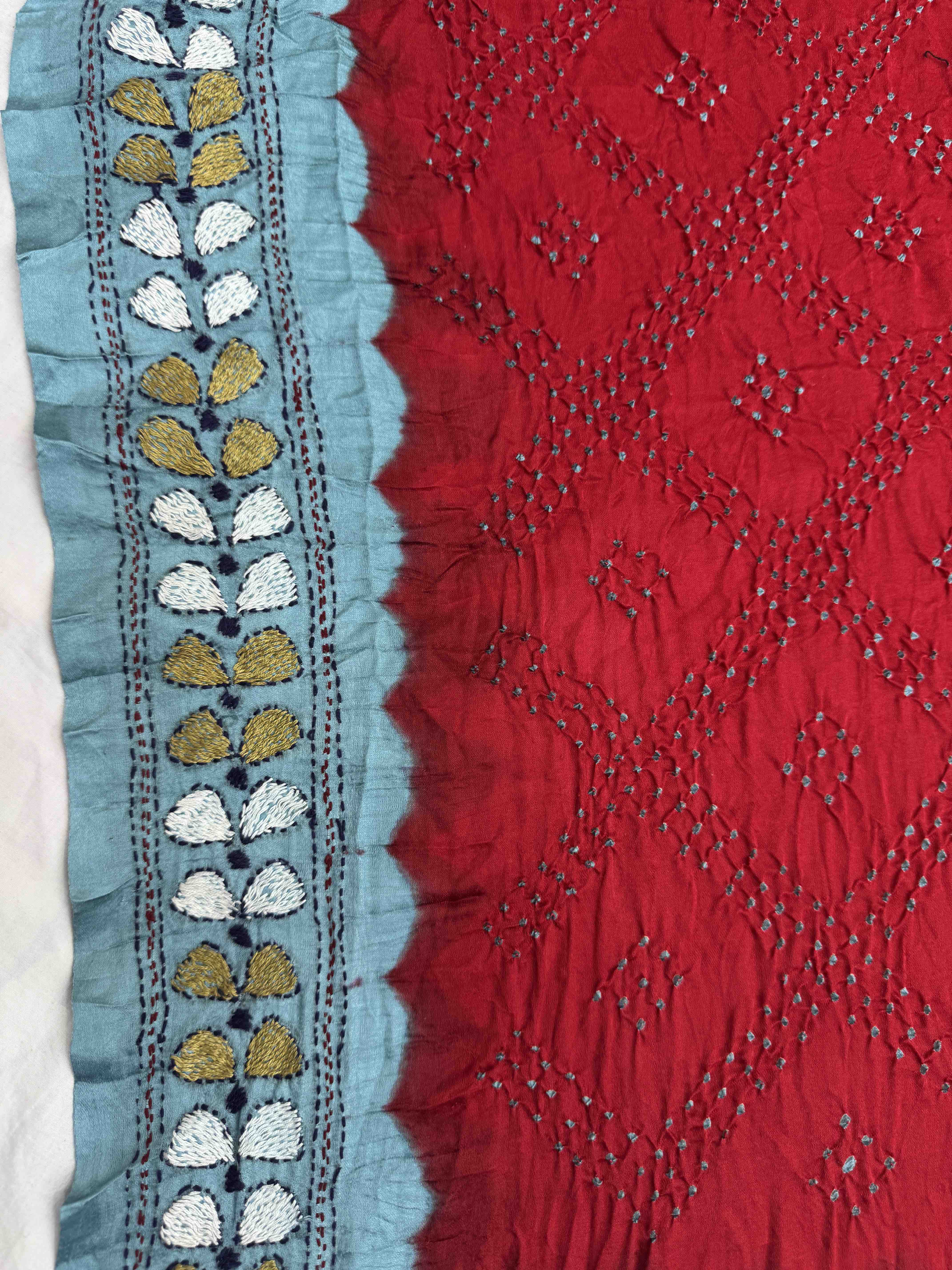 Bluish Grey & Red Gajji Silk with Kantha Work in Border Pallu Bandhani Saree