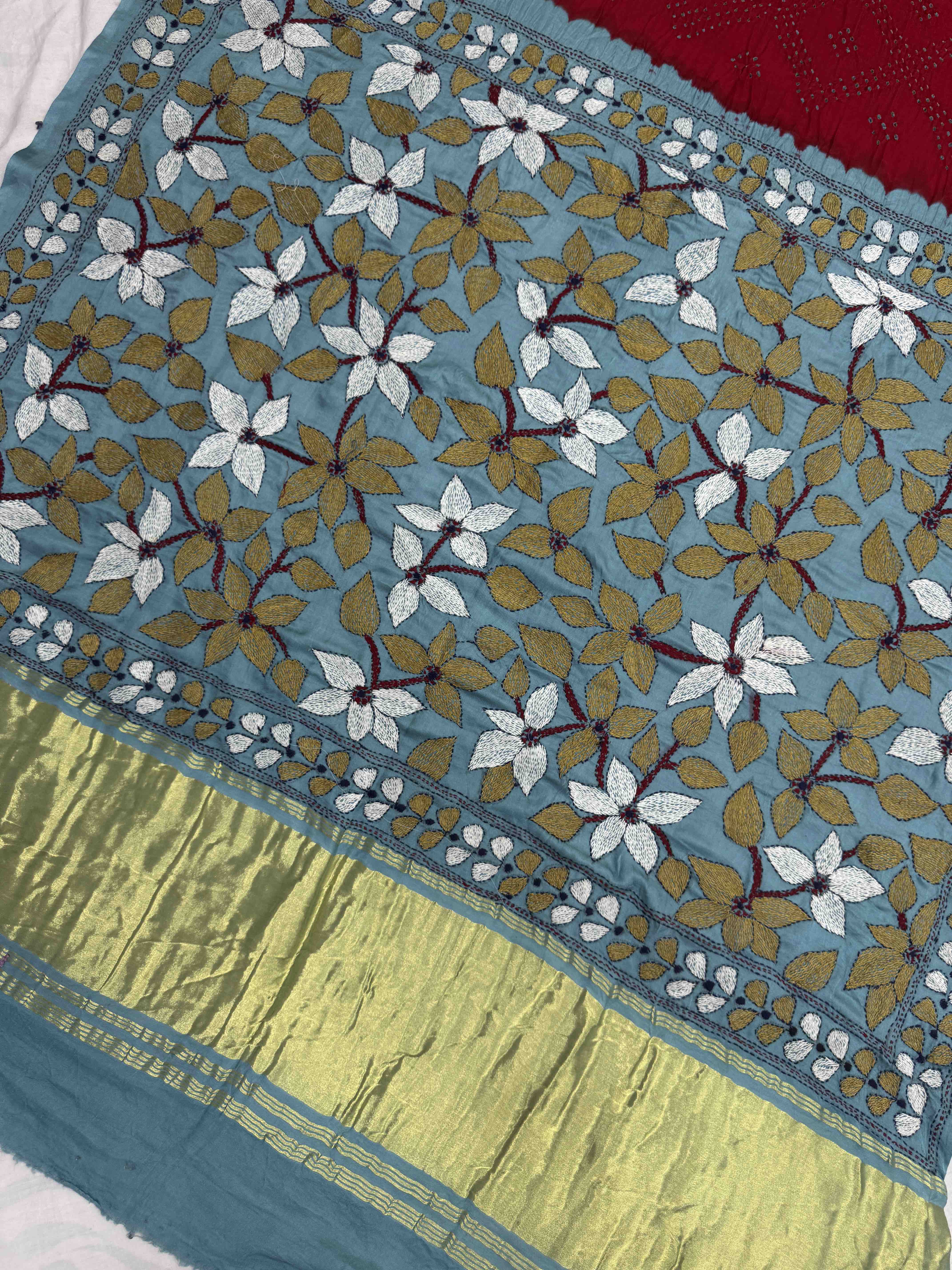Bluish Grey & Red Gajji Silk with Kantha Work in Border Pallu Bandhani Saree