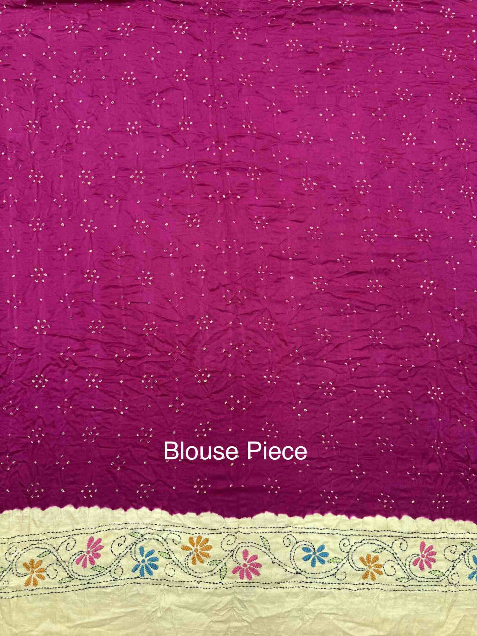 Cream & Magenta Gajji Silk with Kantha Work in Border Pallu Bandhani Saree