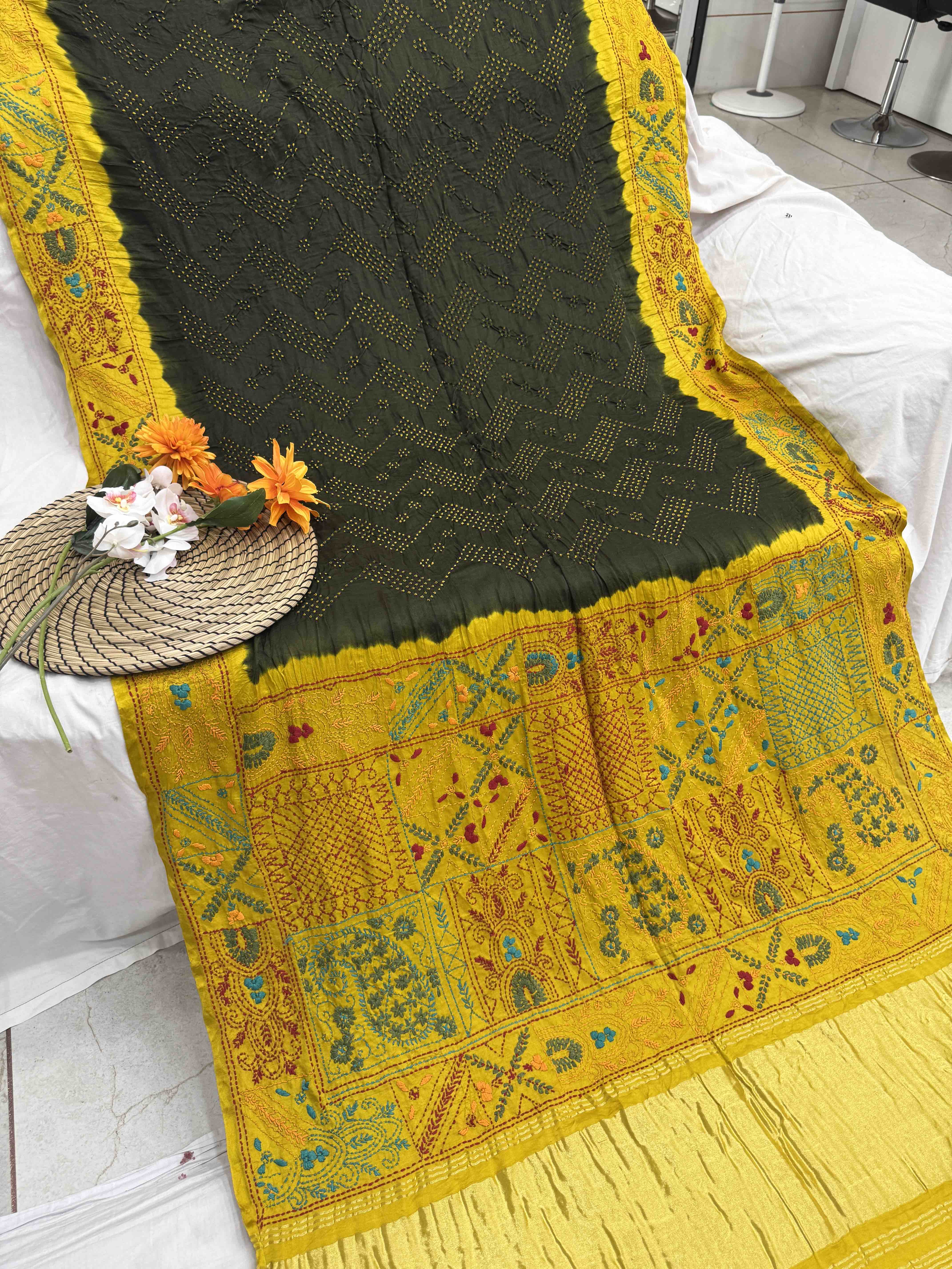 Mustard Yellow & Mehendi Green Gajji Silk with Kantha Work in Border Pallu Bandhani Saree