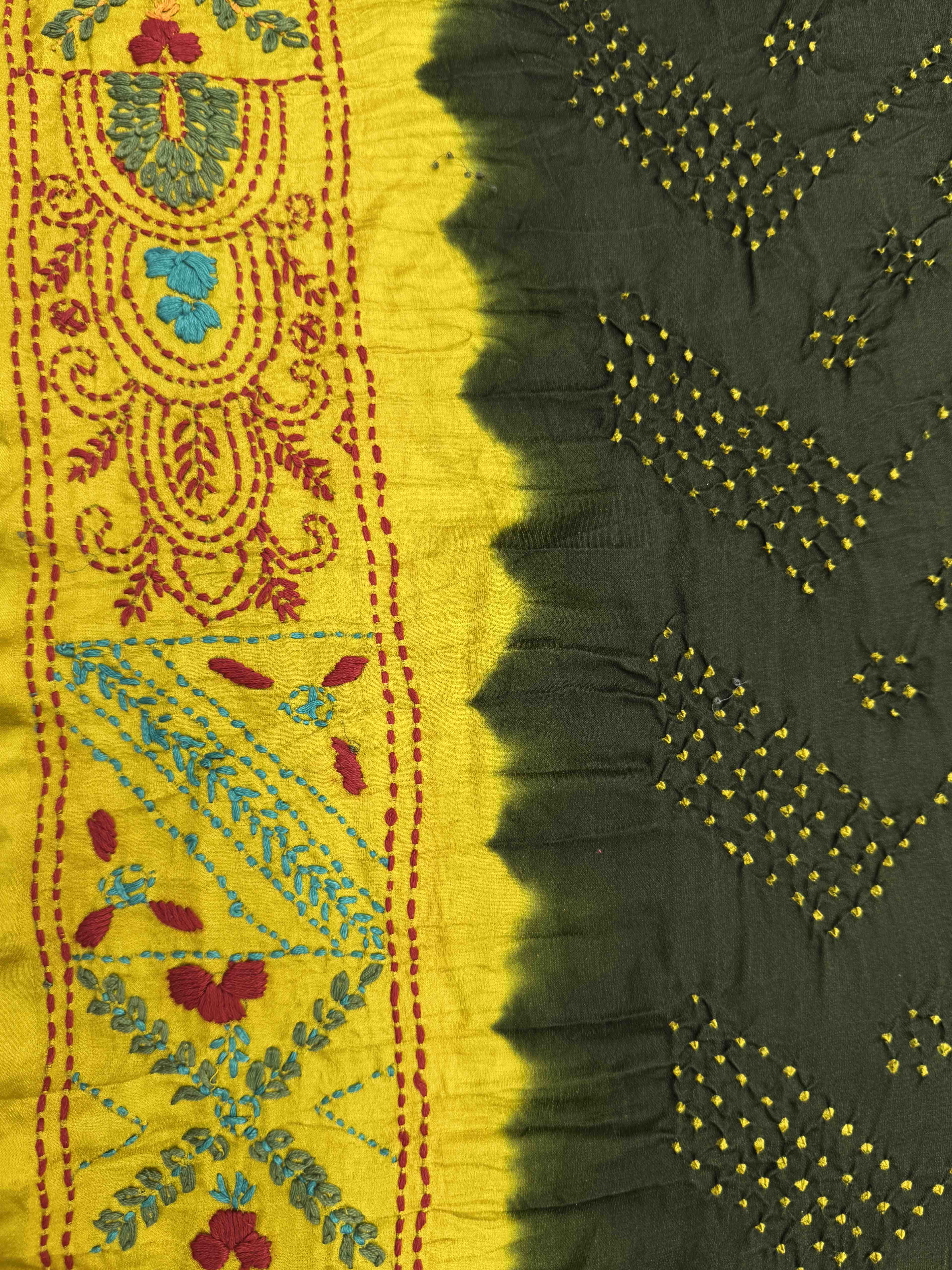 Mustard Yellow & Mehendi Green Gajji Silk with Kantha Work in Border Pallu Bandhani Saree