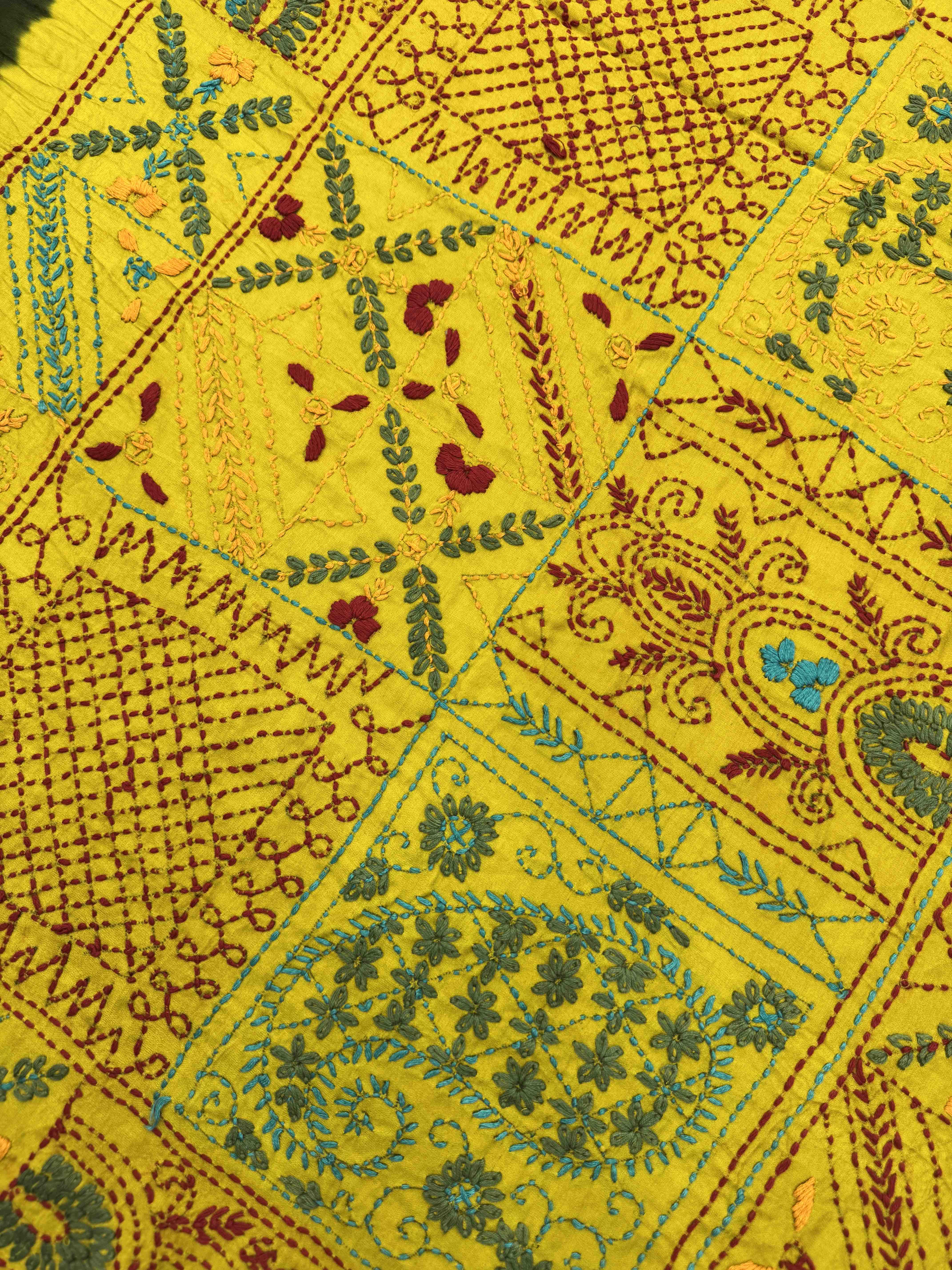 Mustard Yellow & Mehendi Green Gajji Silk with Kantha Work in Border Pallu Bandhani Saree