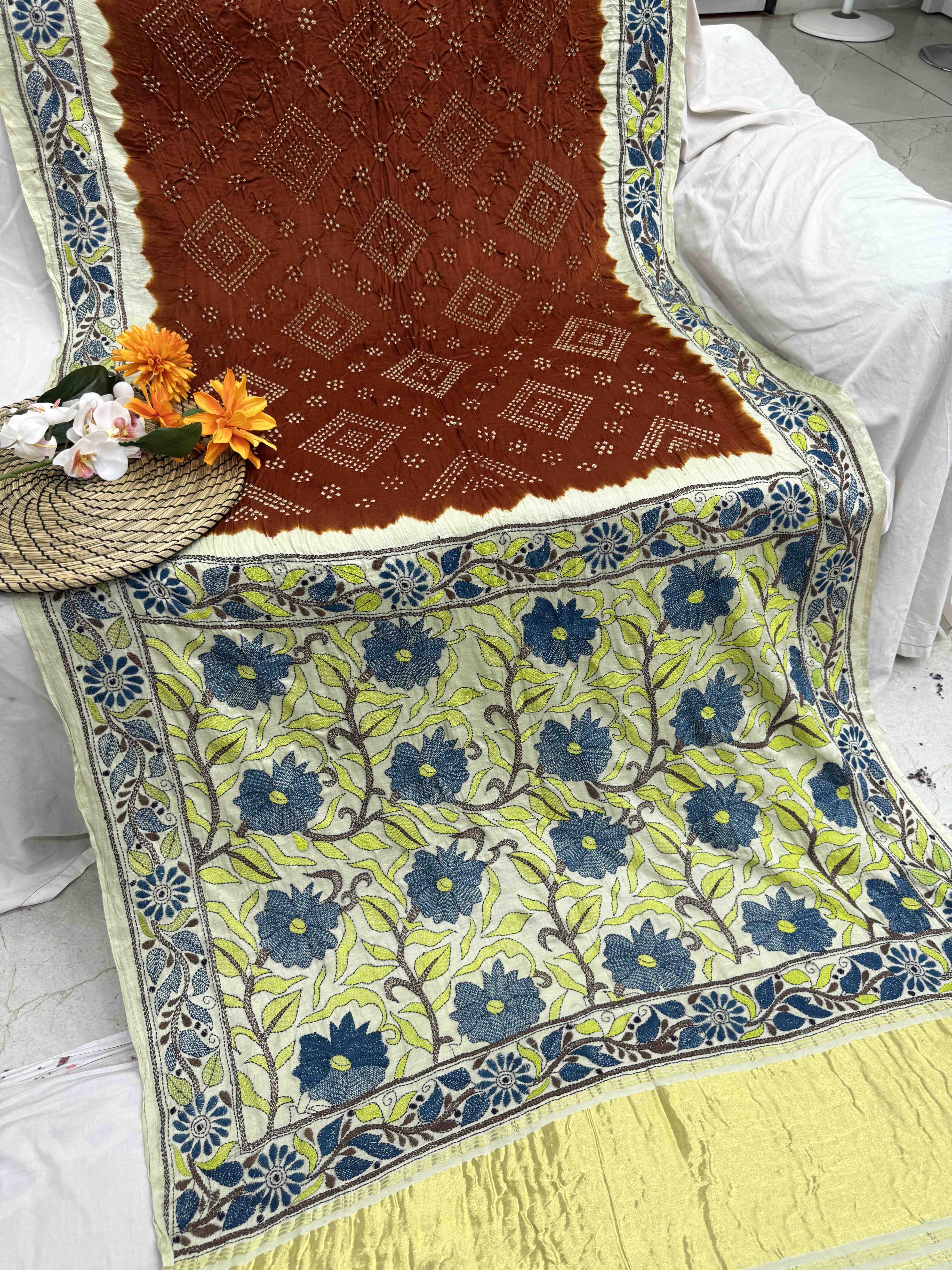 Brown & Off White Gajji Silk with Kantha Work Border Pallu Bandhani Saree