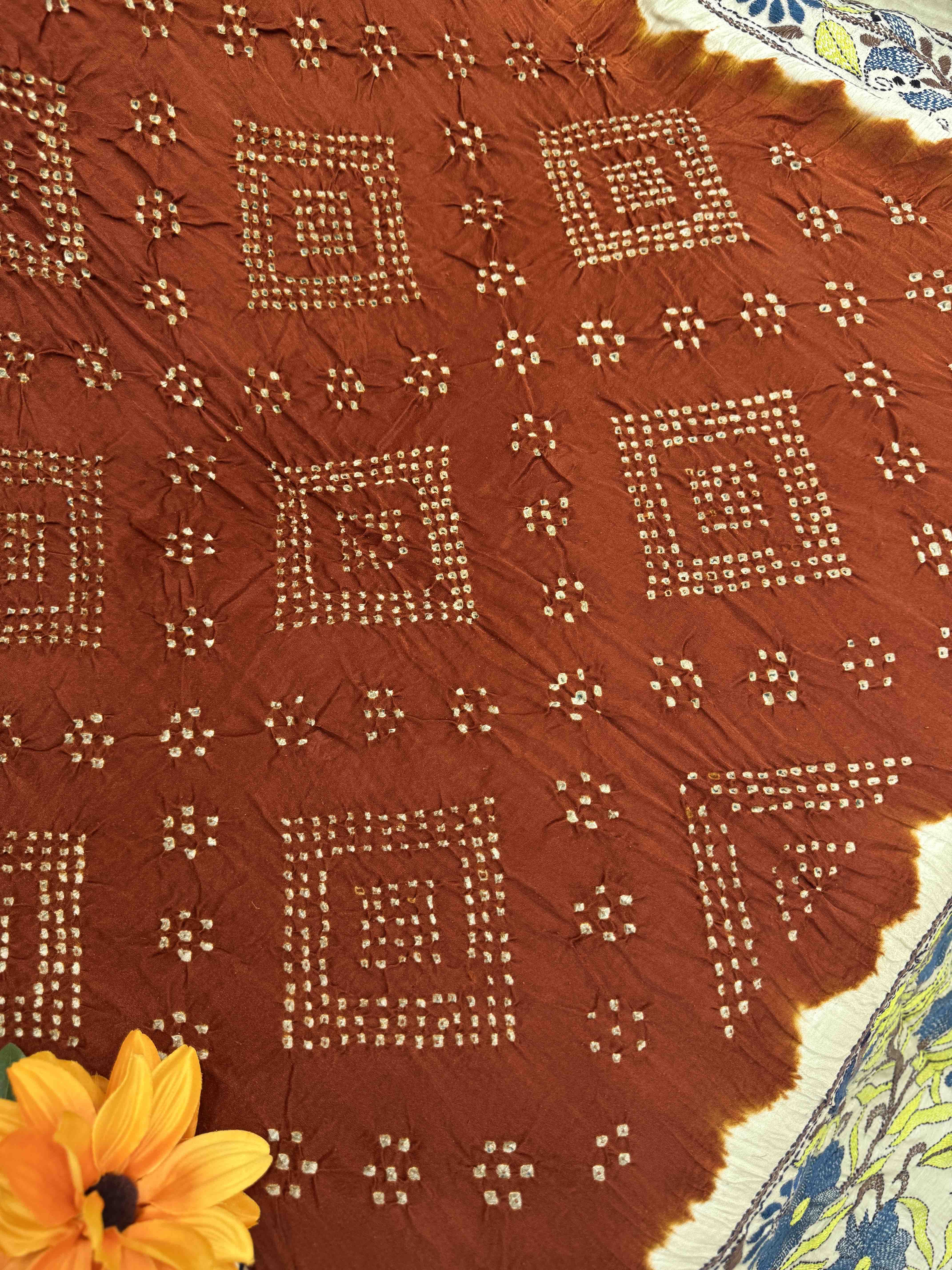 Brown & Off White Gajji Silk with Kantha Work Border Pallu Bandhani Saree