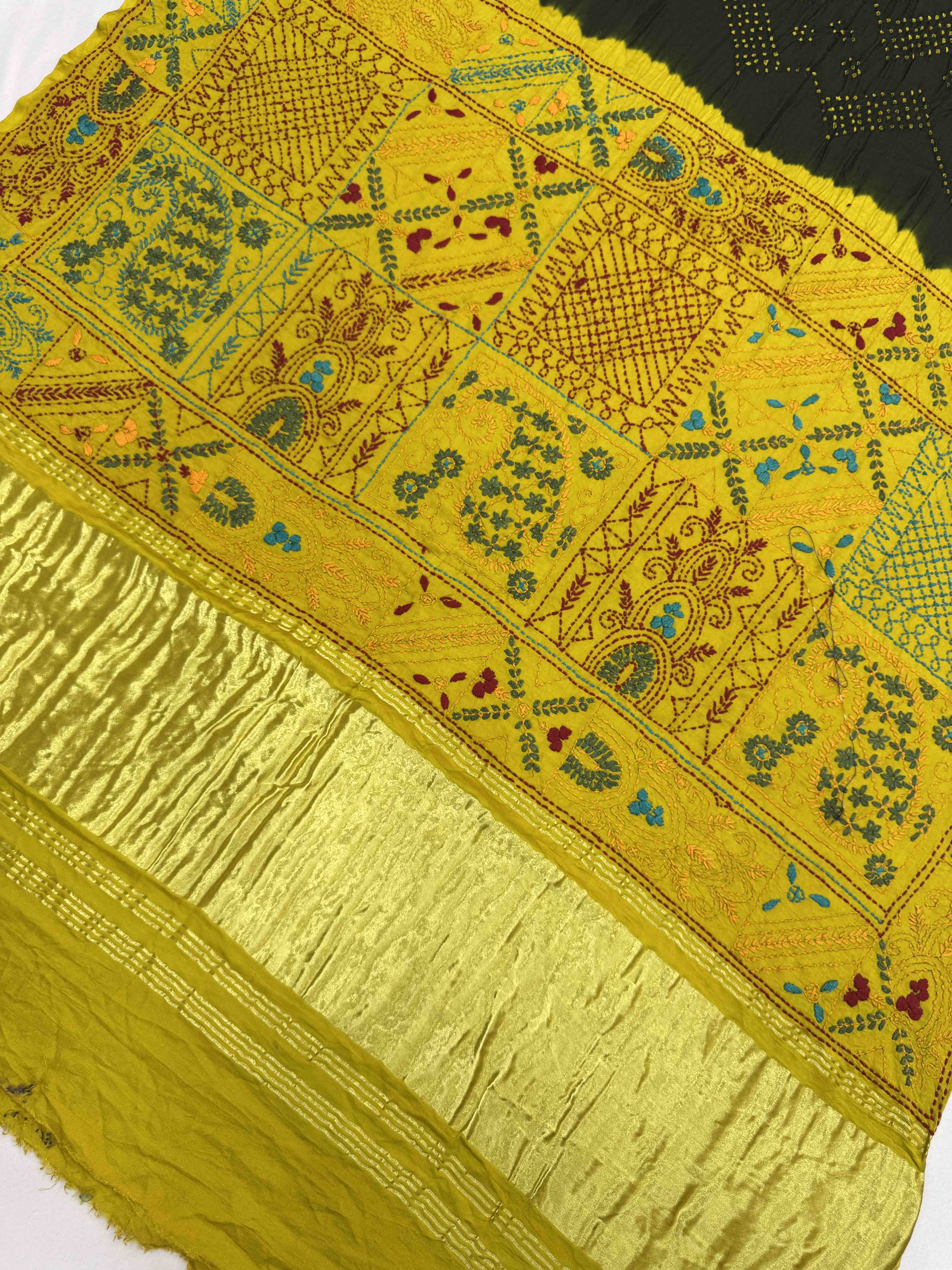 Mustard Yellow & Mehendi Green Gajji Silk with Kantha Work in Border Pallu Bandhani Saree