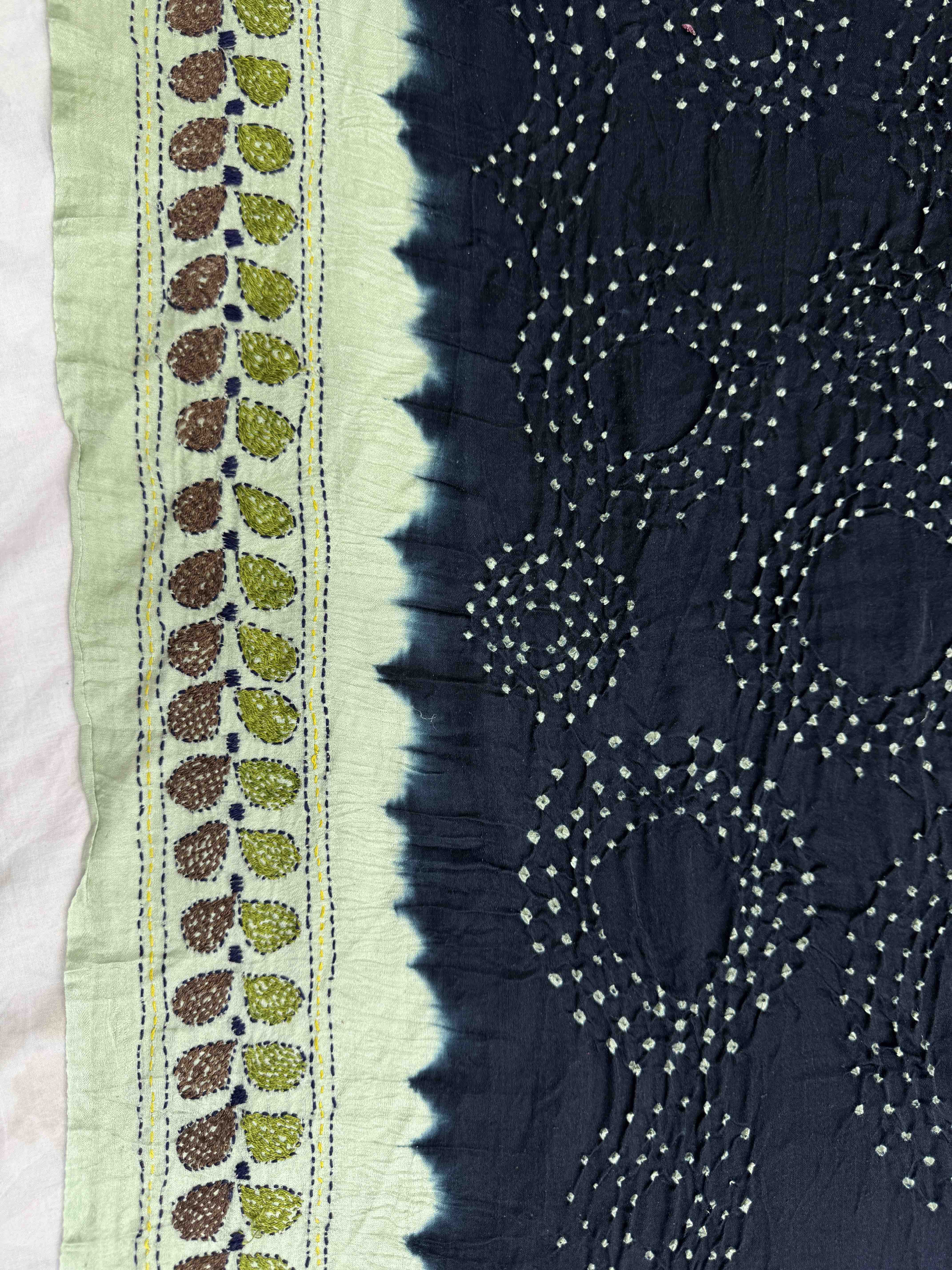 Pista Green & Navy Blue Gajji Silk with Kantha Work Border Pallu Bandhani Saree