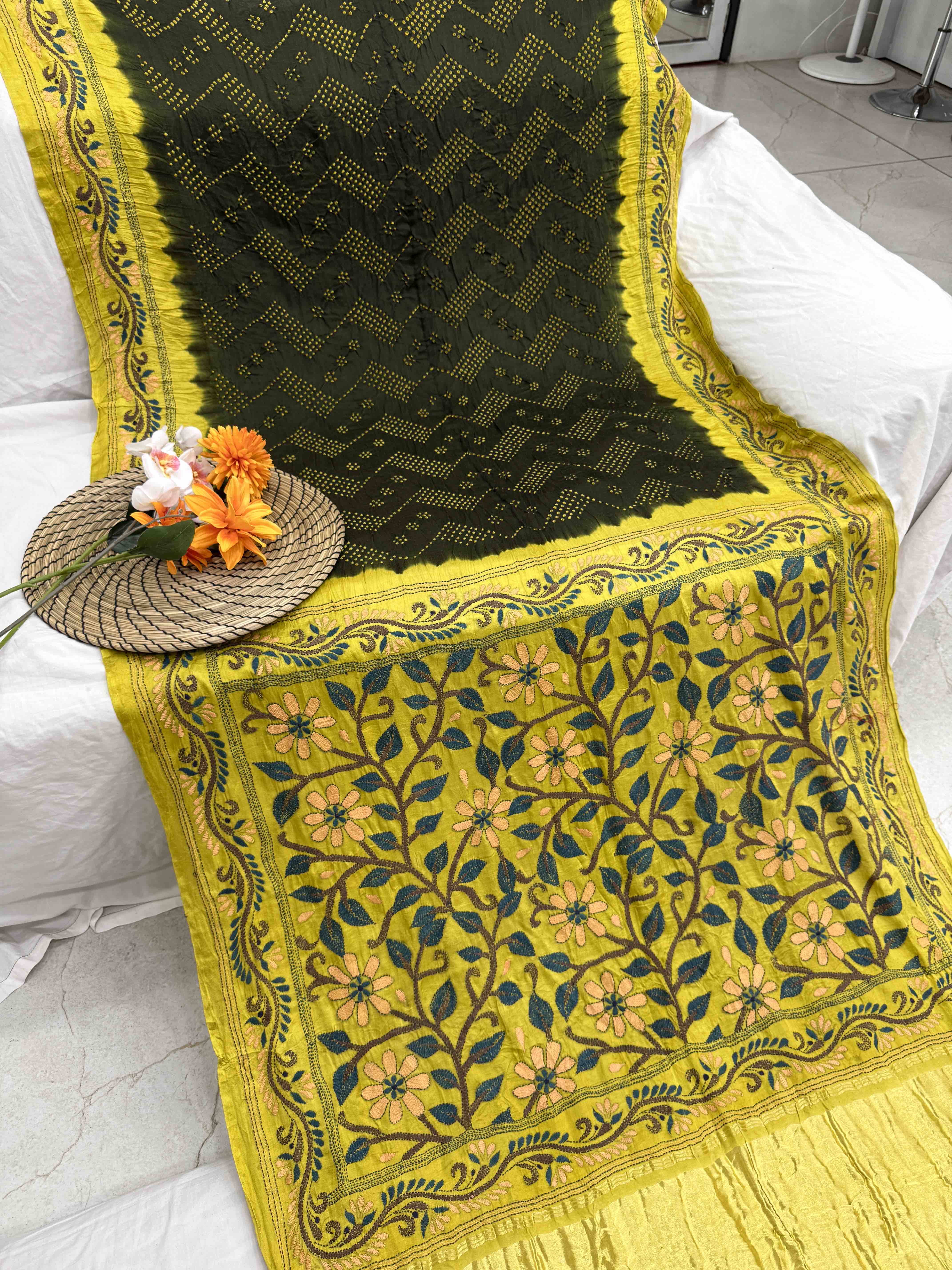 Light Mustard Yellow & Mehendi Gajji Silk with Kantha Work Border Pallu Bandhani Saree