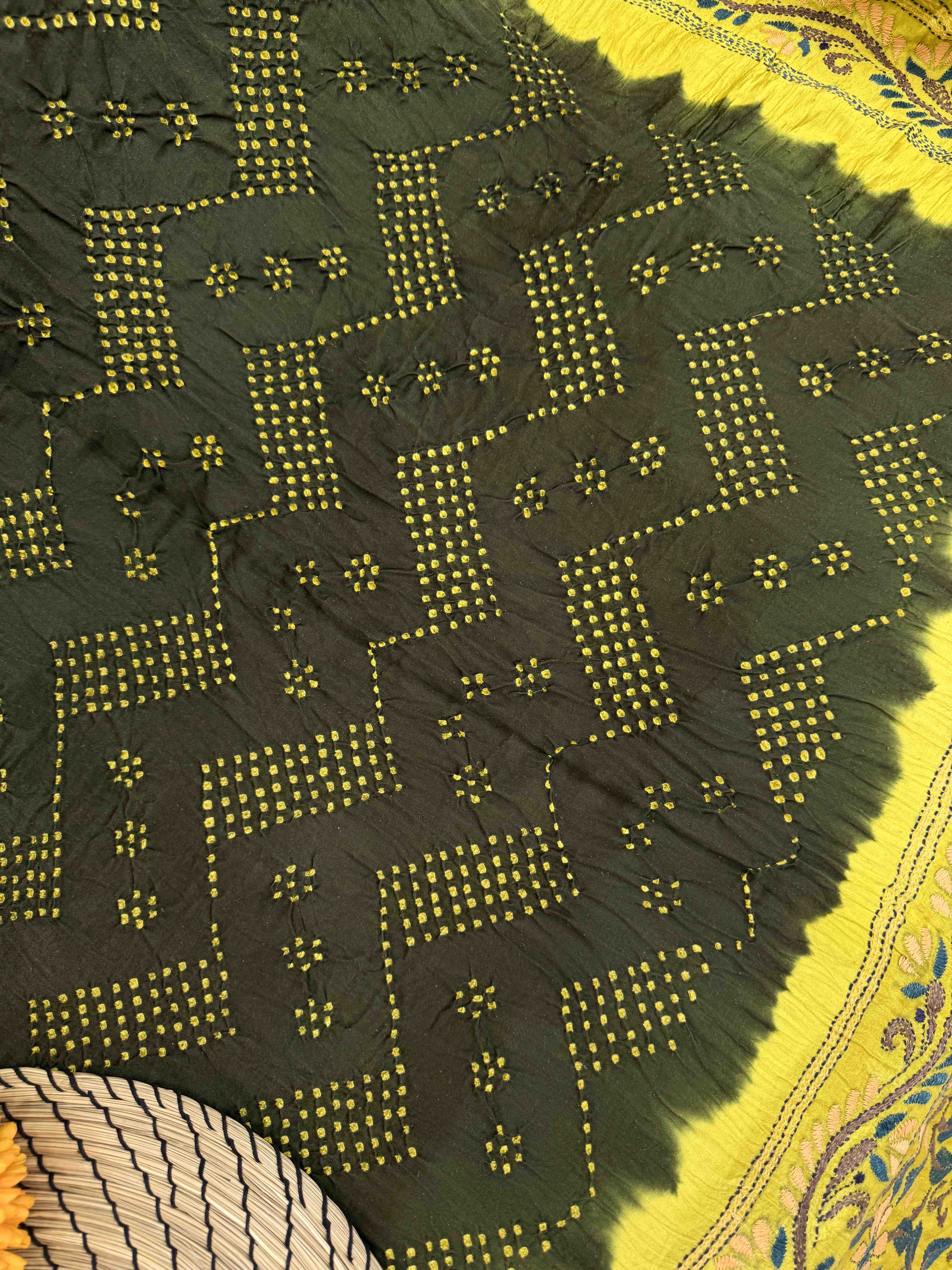Light Mustard Yellow & Mehendi Gajji Silk with Kantha Work Border Pallu Bandhani Saree