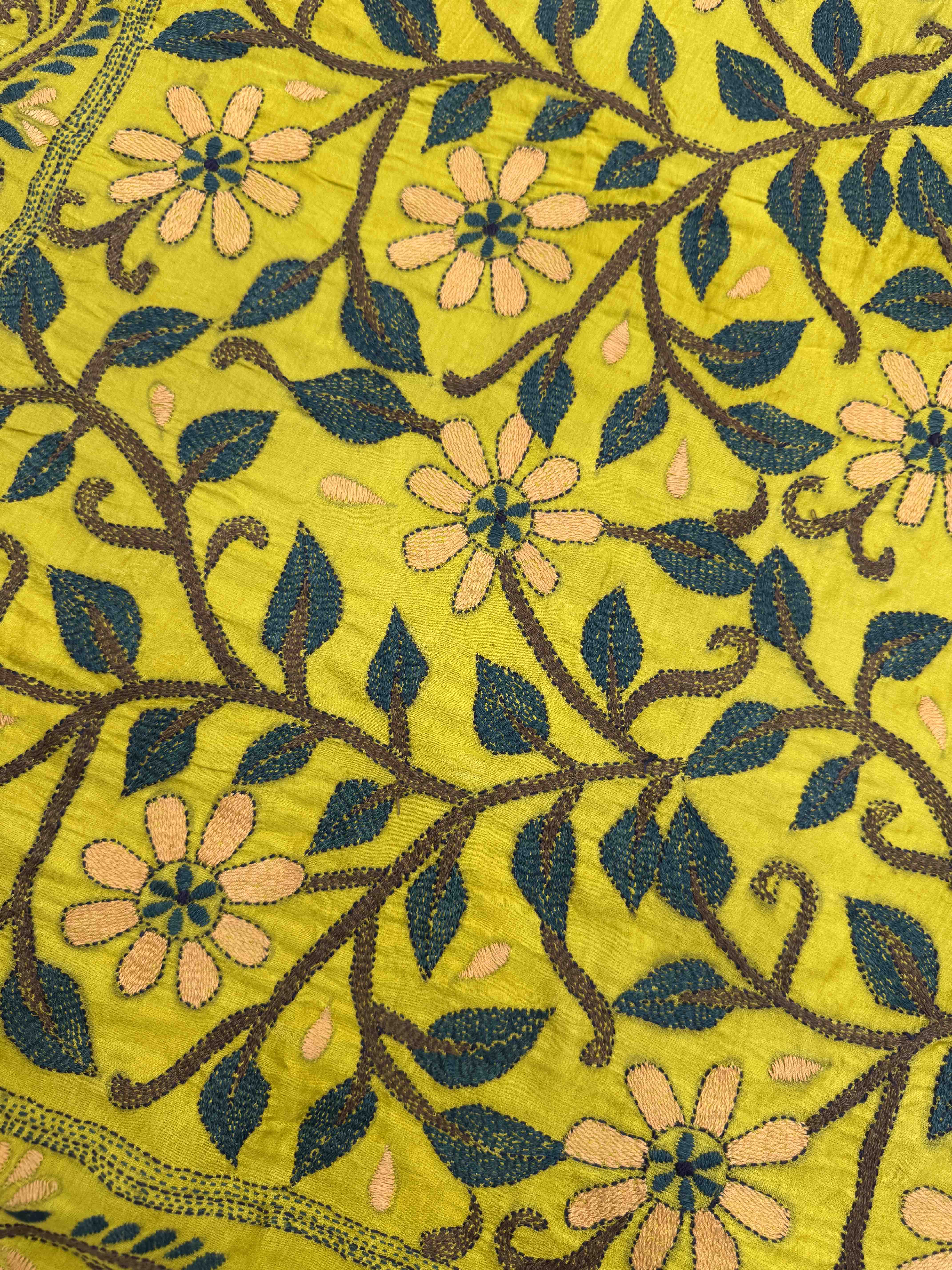 Light Mustard Yellow & Mehendi Gajji Silk with Kantha Work Border Pallu Bandhani Saree