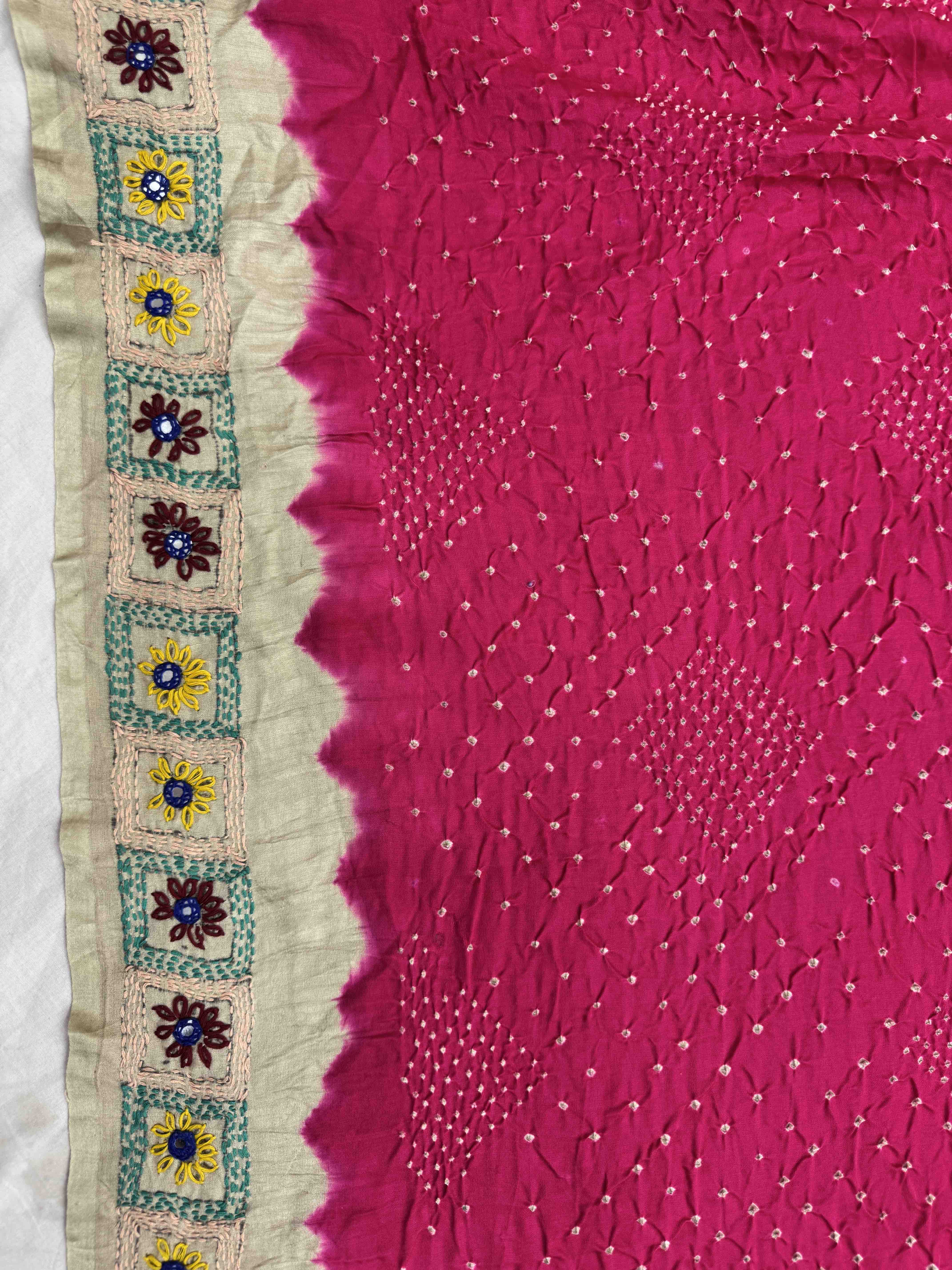 Off White Tasar & Pink Gajji Silk with Kantha Work Border Pallu Bandhani Saree