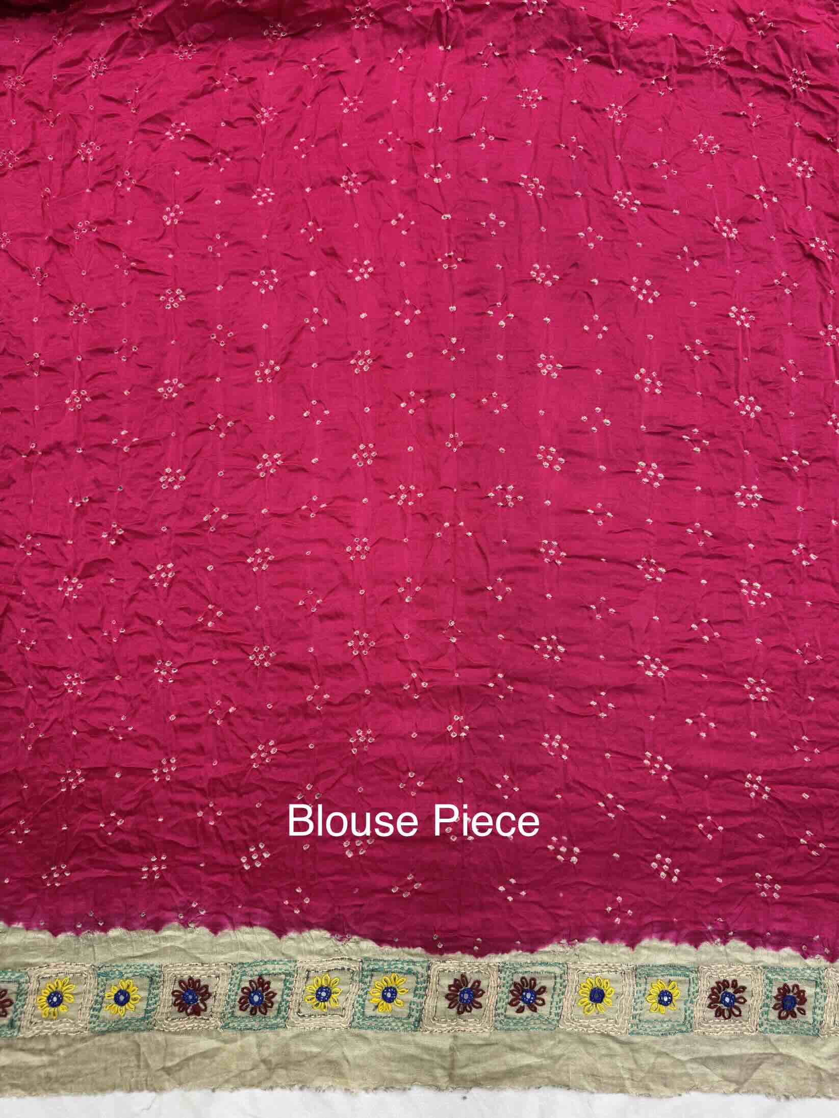 Off White Tasar & Pink Gajji Silk with Kantha Work Border Pallu Bandhani Saree