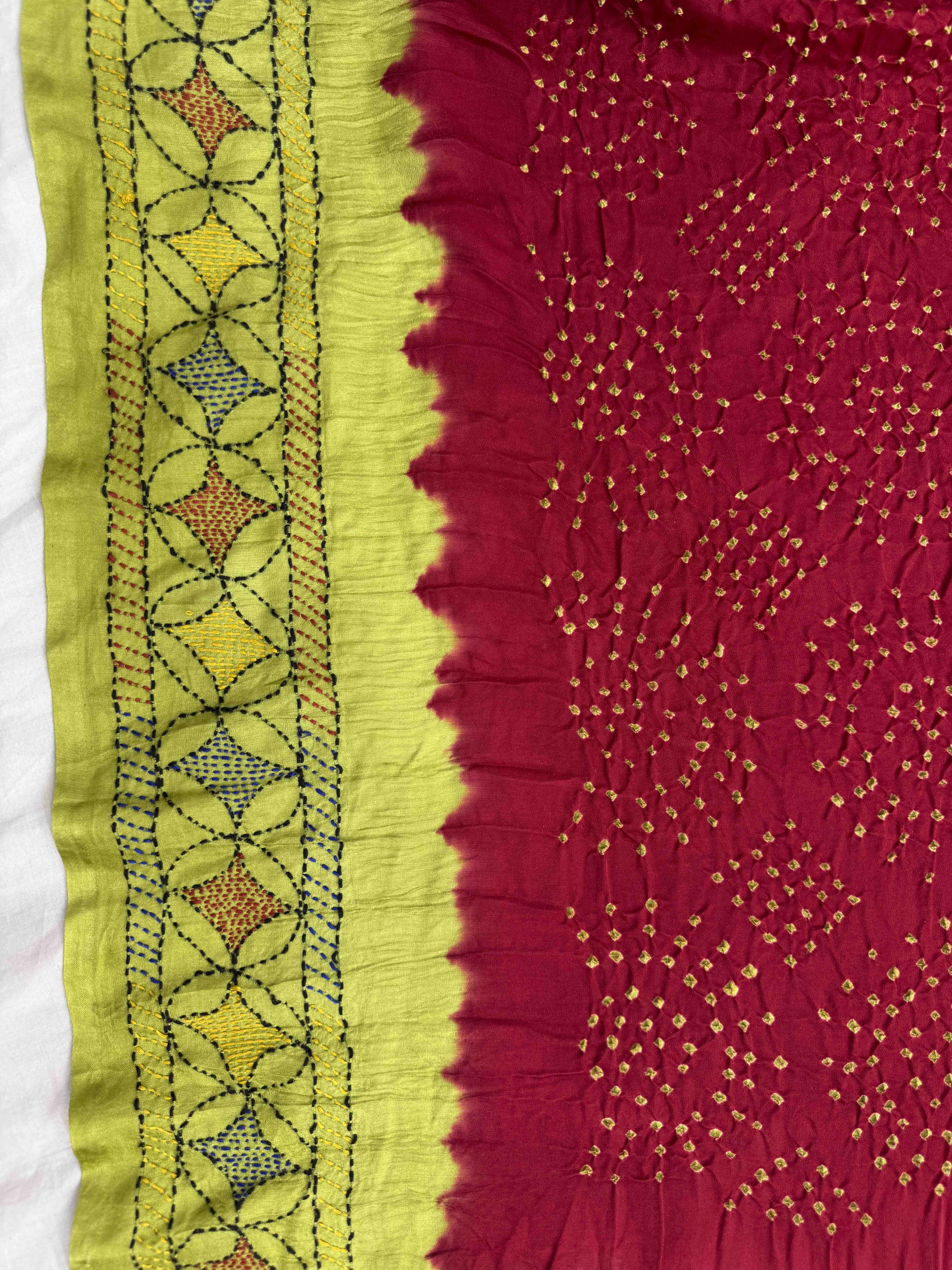 Light Green & Red Gajji Silk with Kantha Work Border Pallu Bandhani Saree