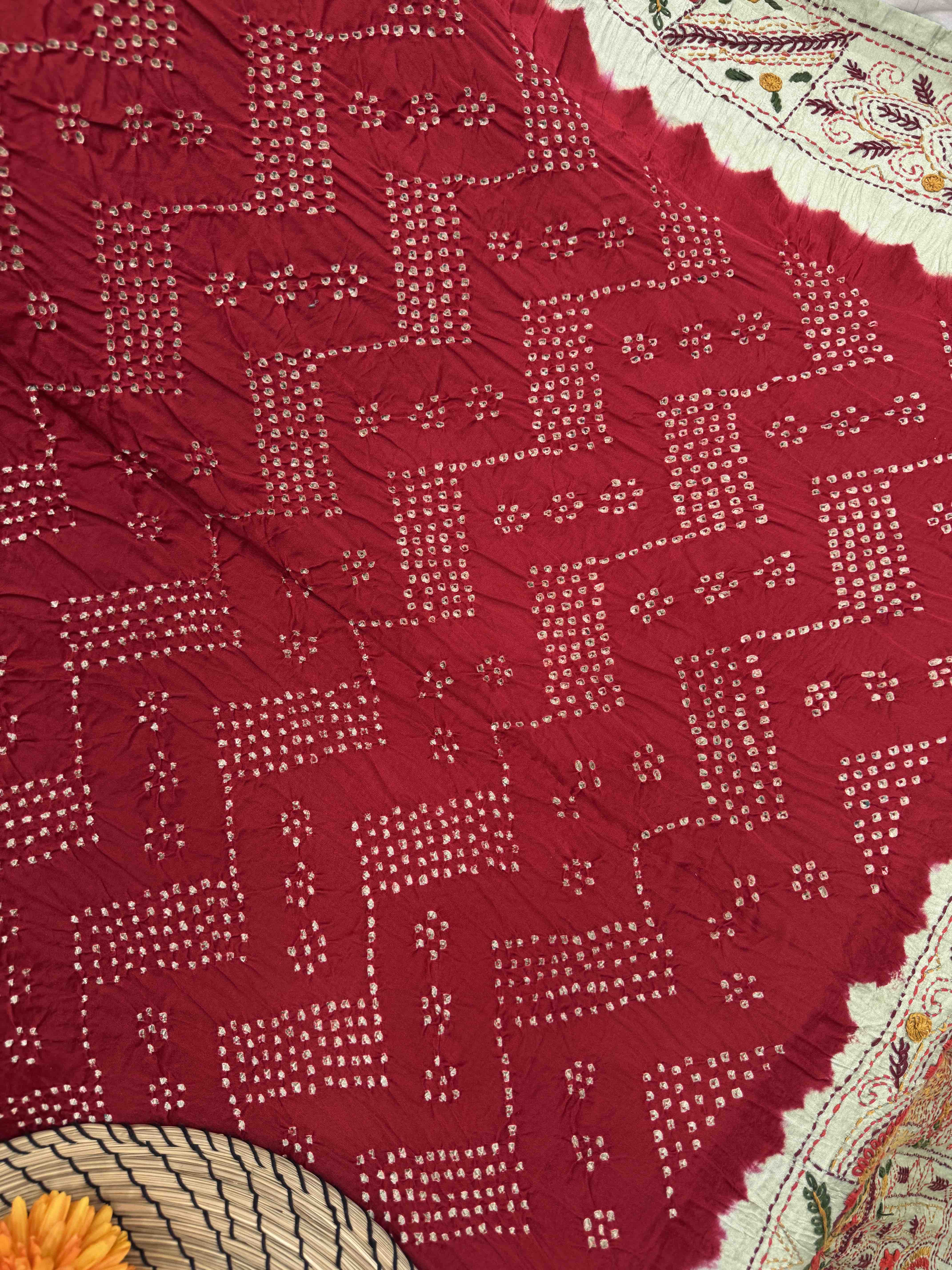 Pista Light Green & Red Gajji Silk with Kantha Work Border Pallu Bandhani Saree
