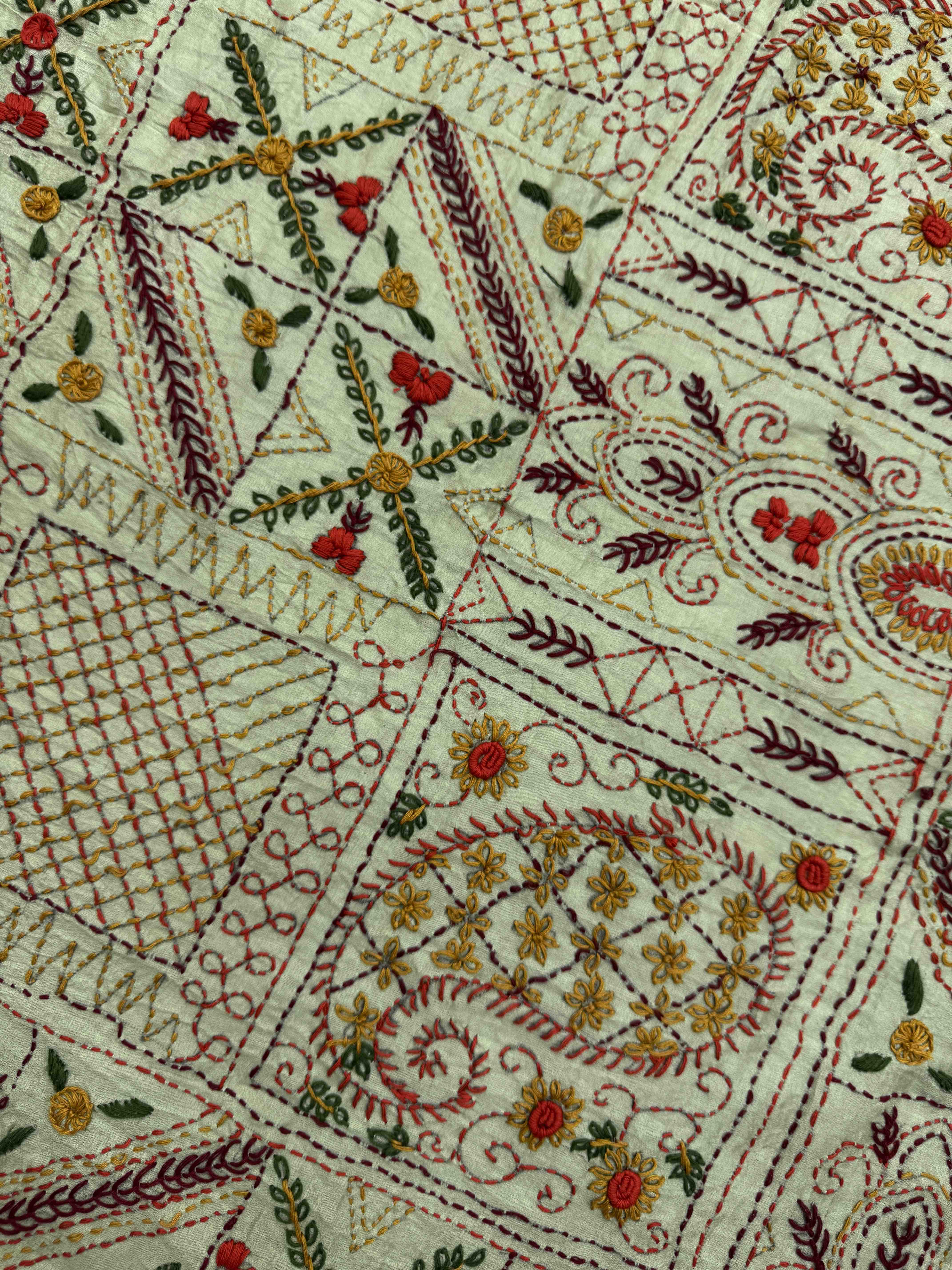 Pista Light Green & Red Gajji Silk with Kantha Work Border Pallu Bandhani Saree