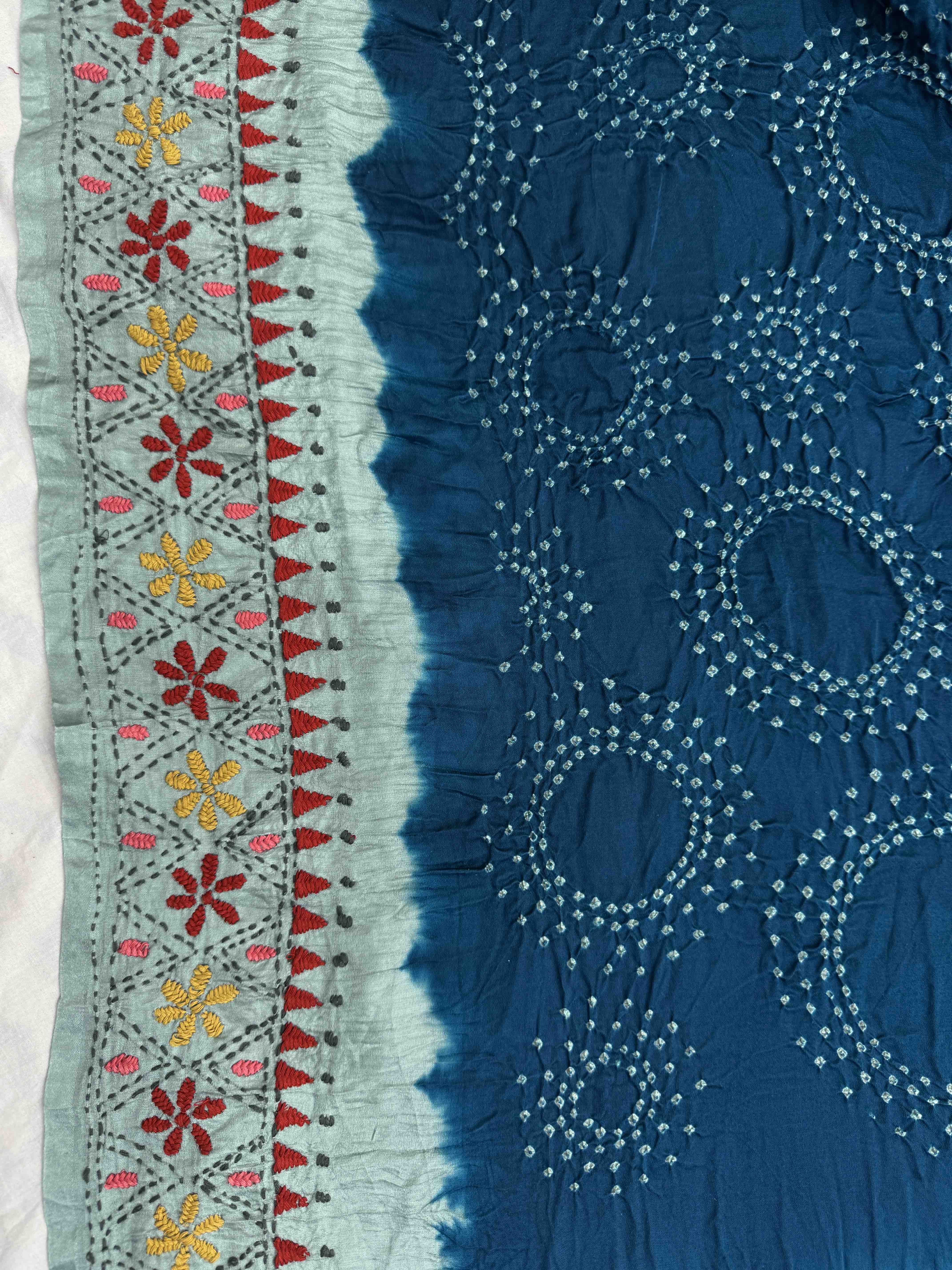 Bluish Grey & Rama Blue Gajji Silk with Kantha Work Border Pallu Bandhani Saree