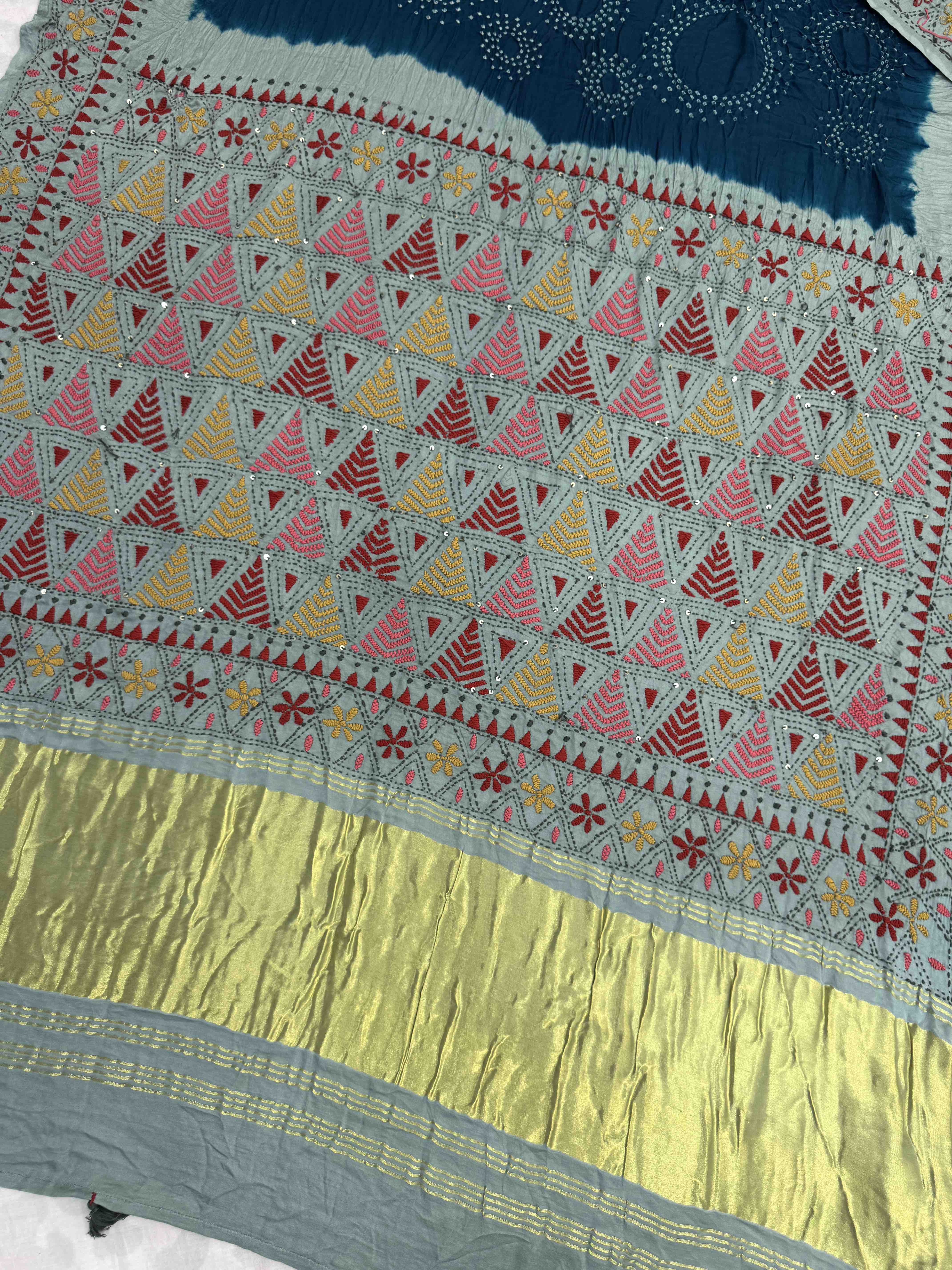 Bluish Grey & Rama Blue Gajji Silk with Kantha Work Border Pallu Bandhani Saree
