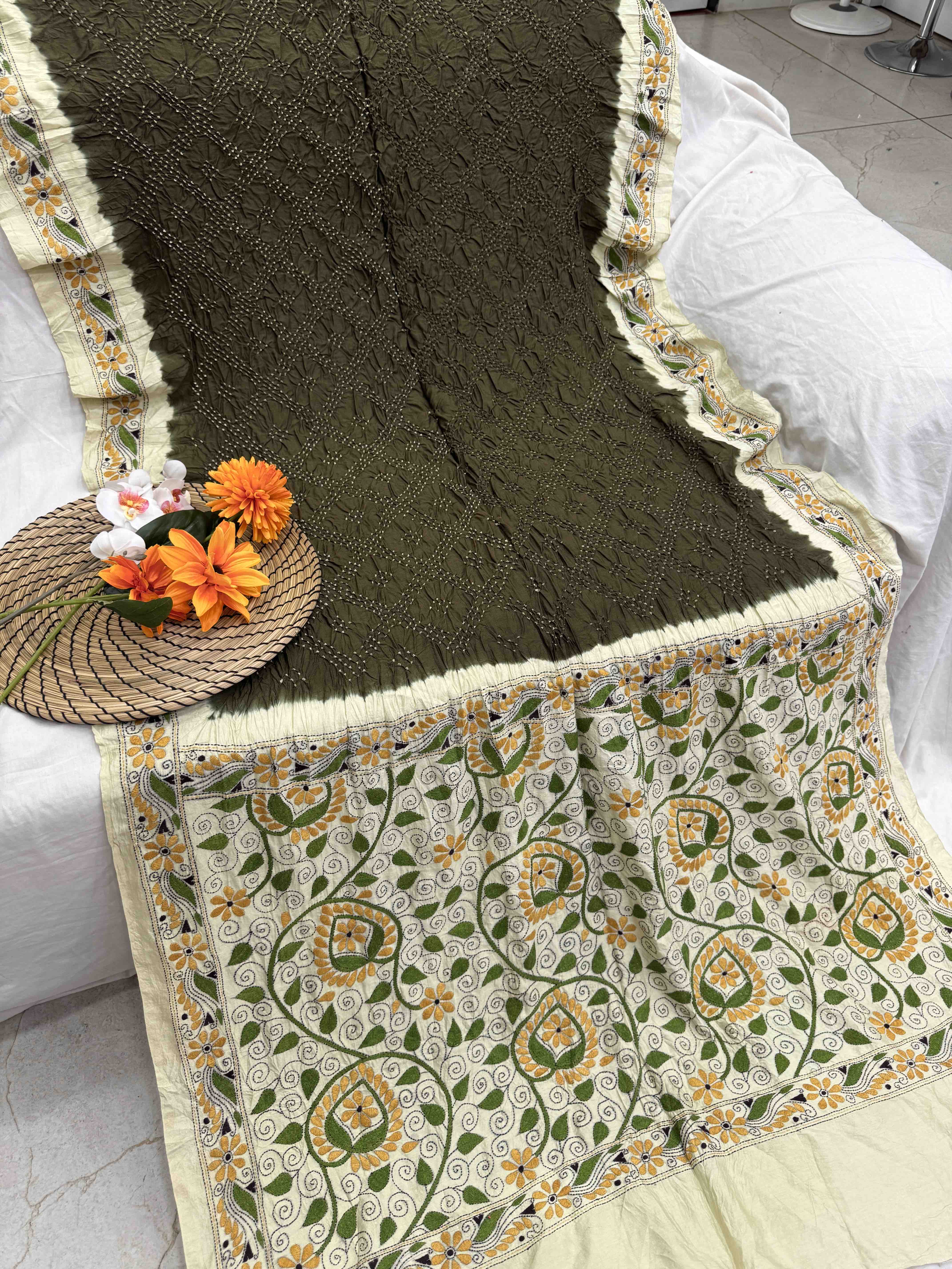 Off White & Mehendi Chinia Silk with Kantha Work Border Pallu Bandhani Saree