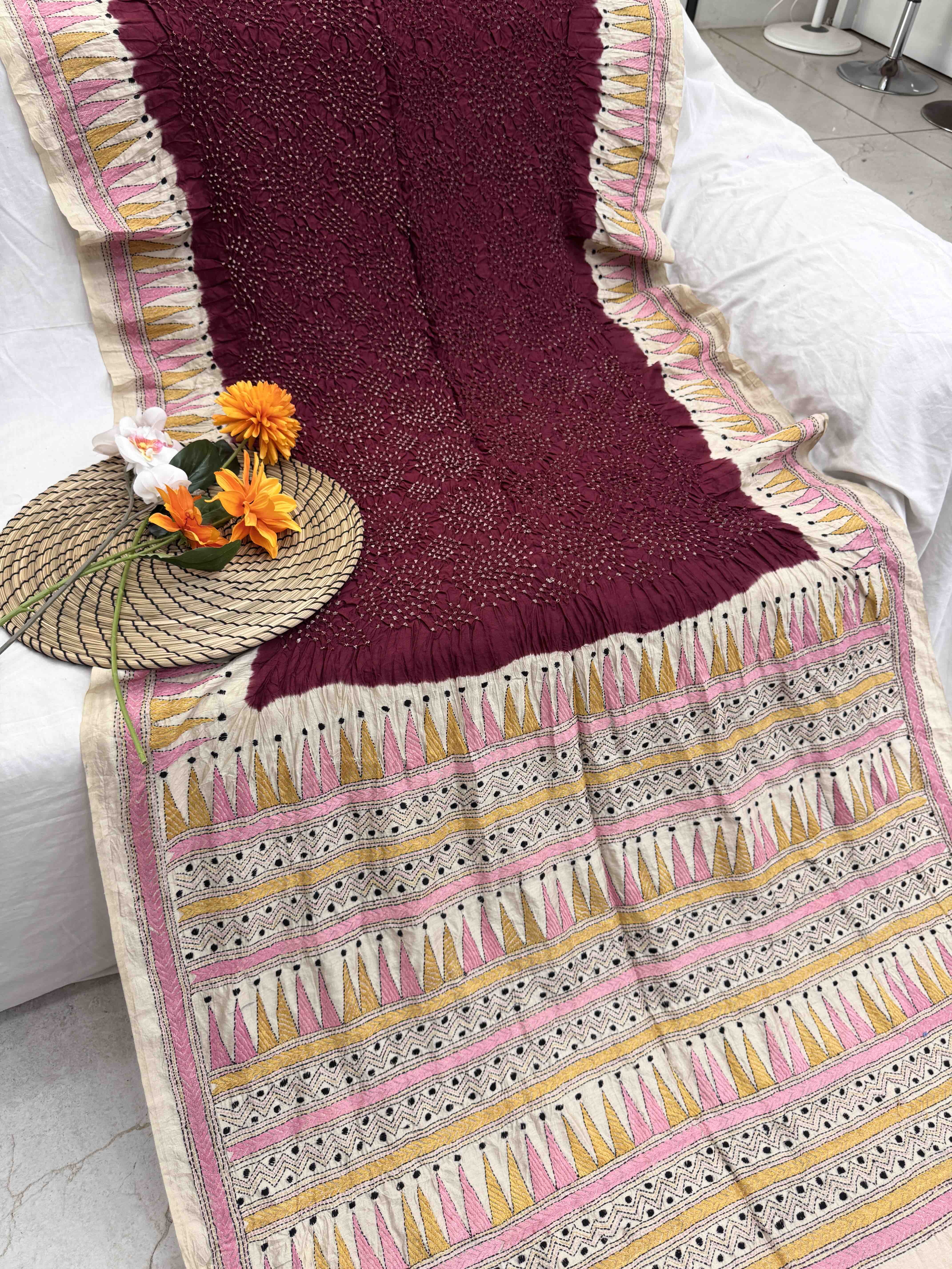 Off White & Maroon Chinia Silk with Kantha Work Border Pallu Bandhani Saree
