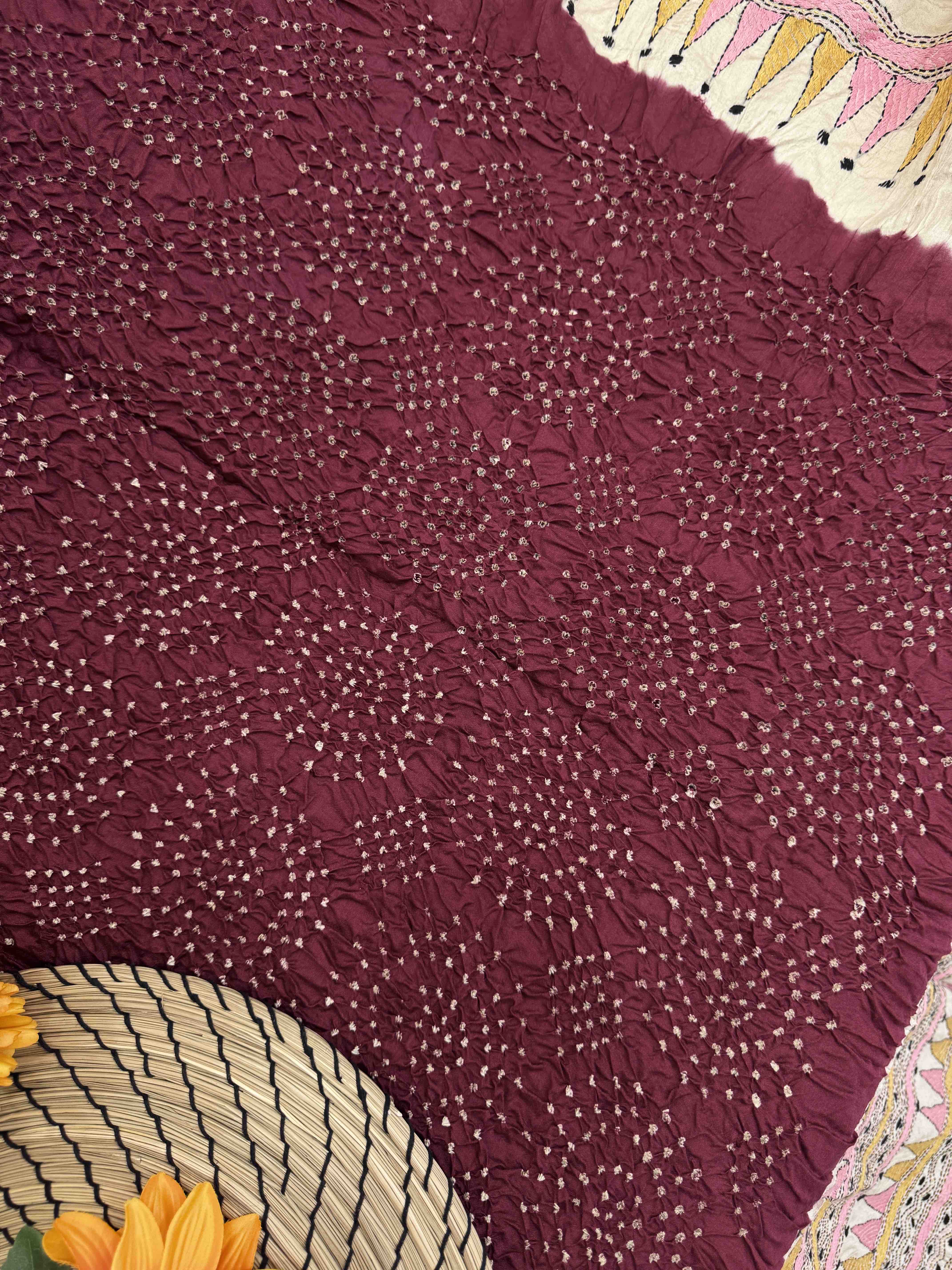 Off White & Maroon Chinia Silk with Kantha Work Border Pallu Bandhani Saree