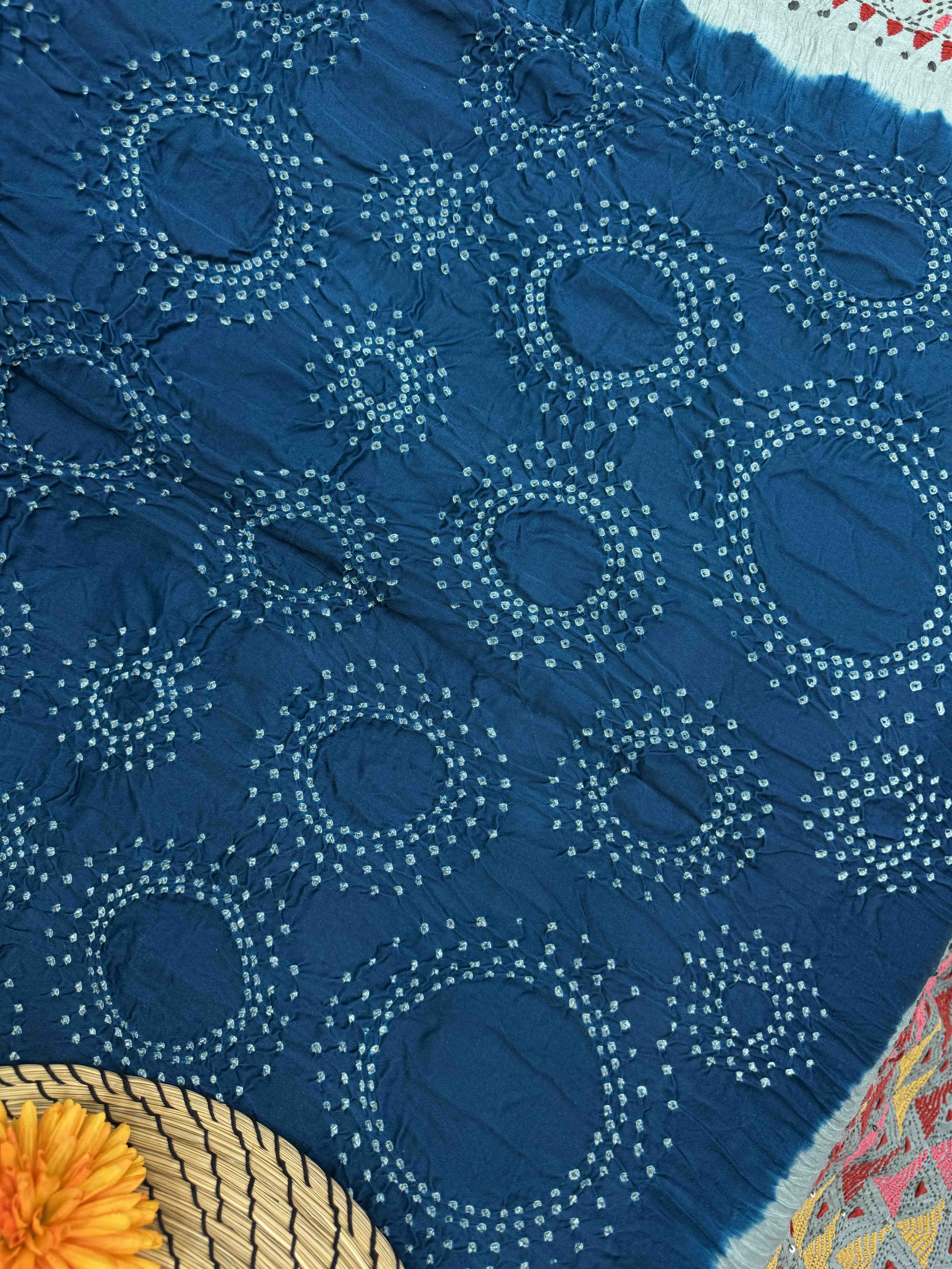 Bluish Grey & Rama Blue Gajji Silk with Kantha Work Border Pallu Bandhani Saree