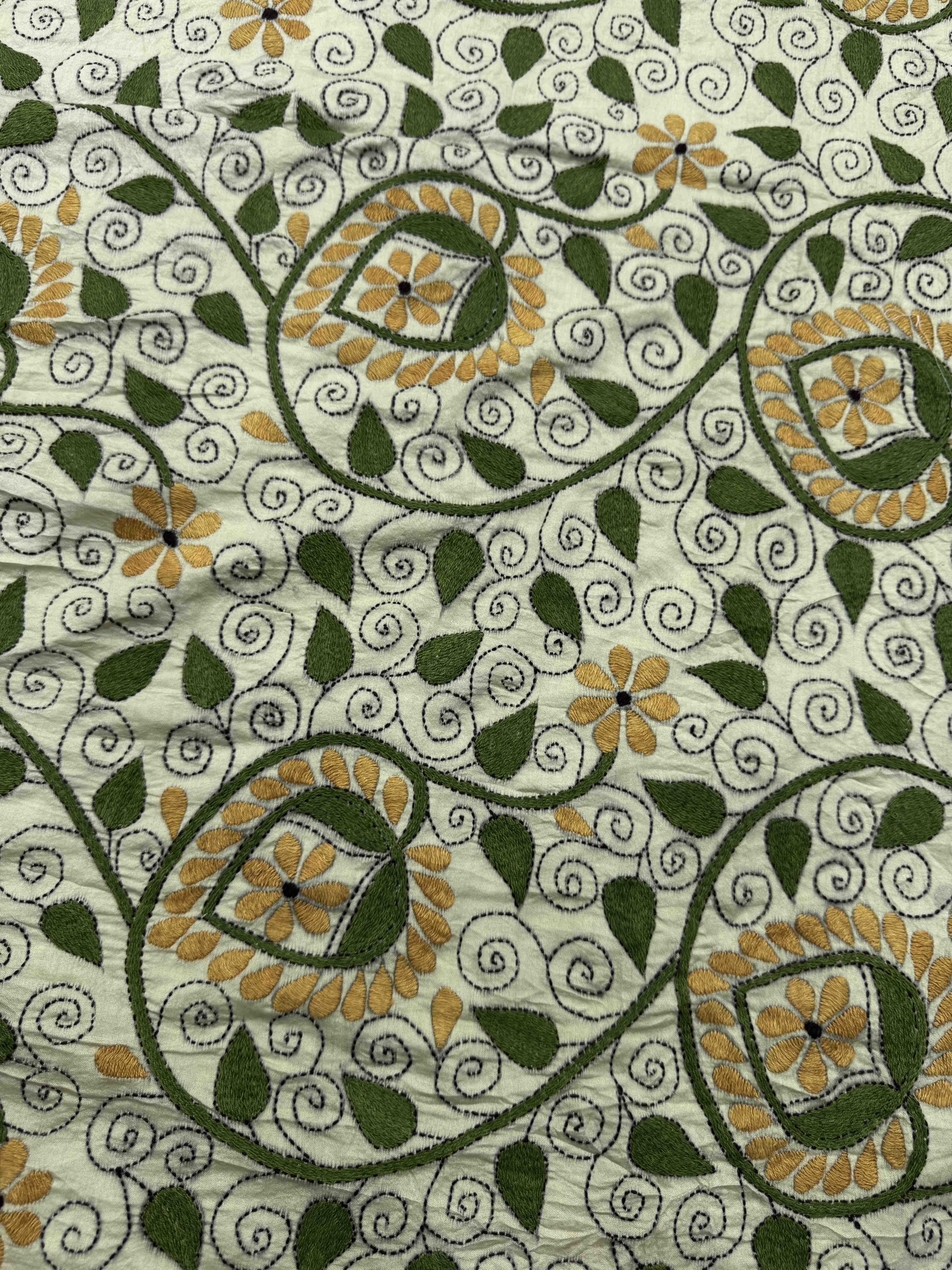 Off White & Mehendi Chinia Silk with Kantha Work Border Pallu Bandhani Saree