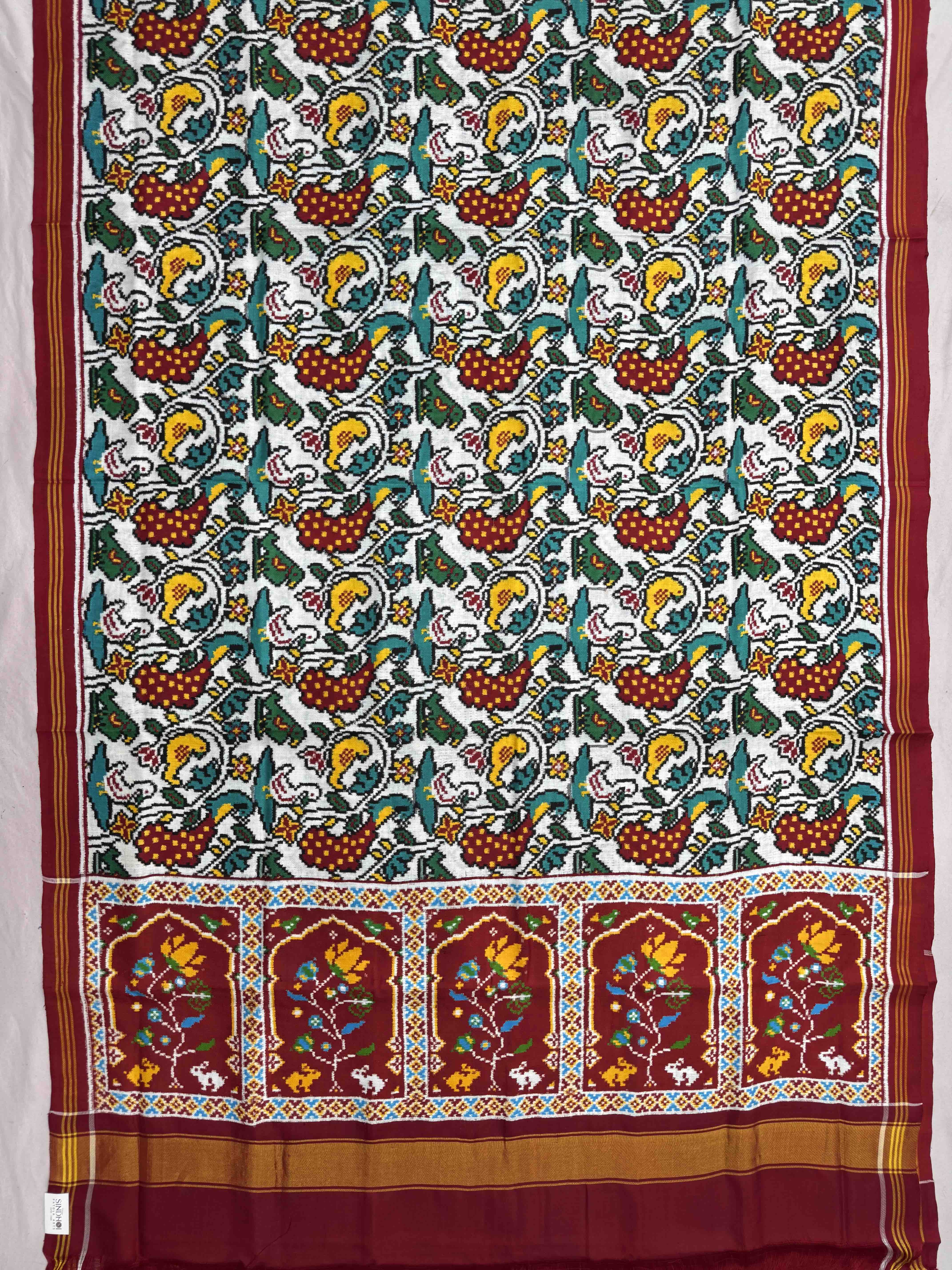 Red & White Fancy Birds Double Ikat Patan Patola Saree