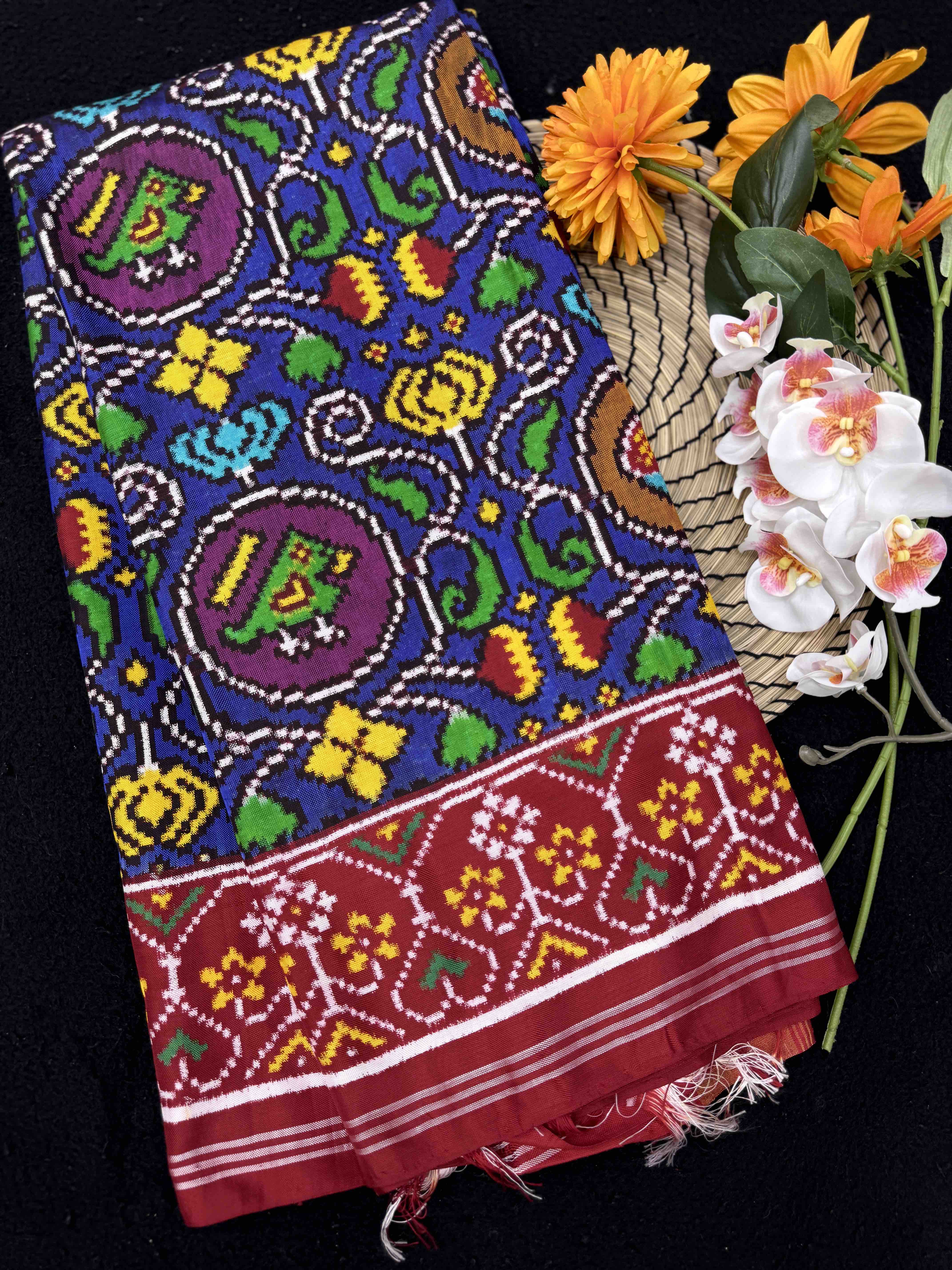 Red & Blue Fancy Circle Bird Double Ikat Patan Patola Saree