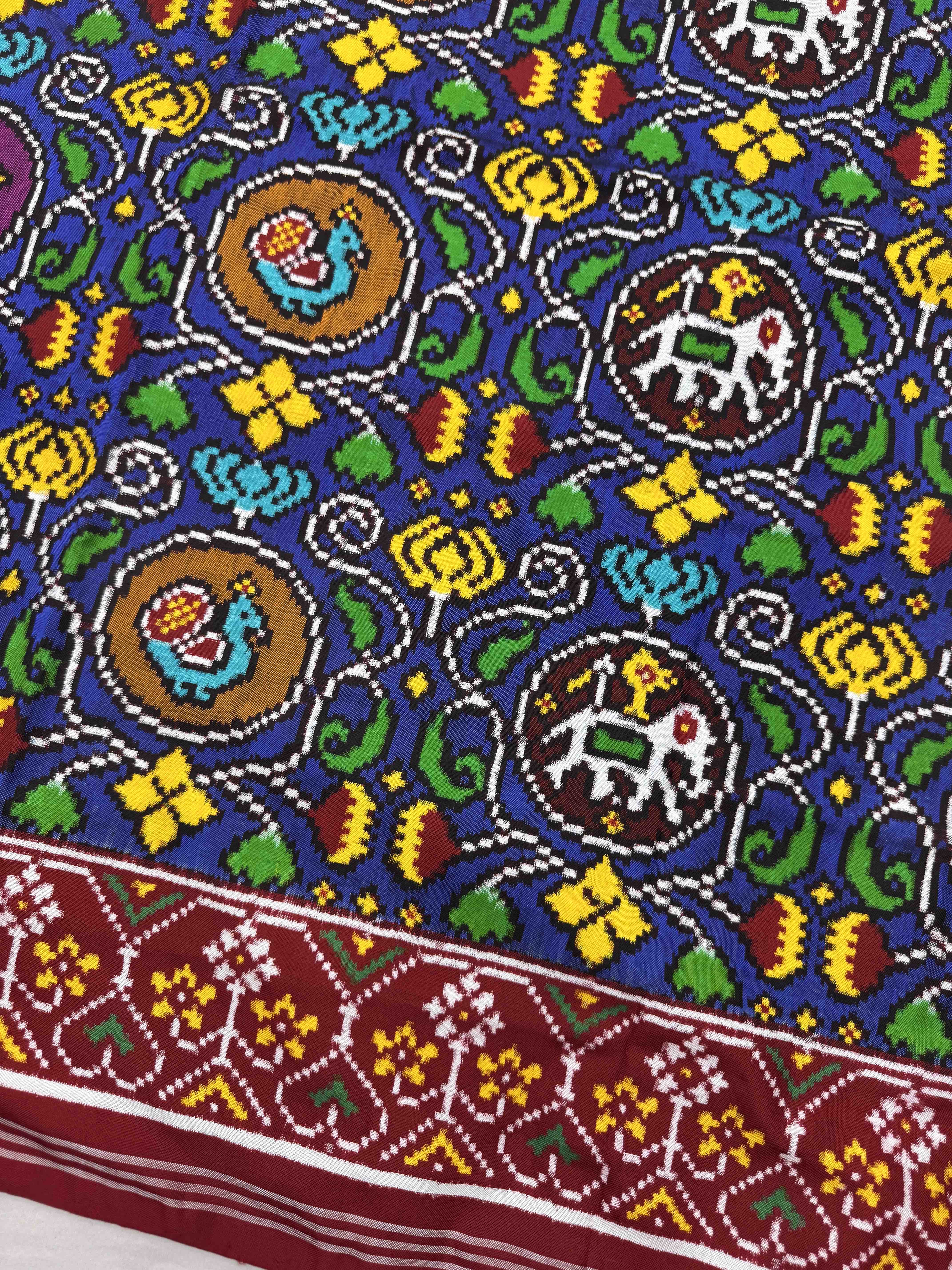 Red & Blue Fancy Circle Bird Double Ikat Patan Patola Saree