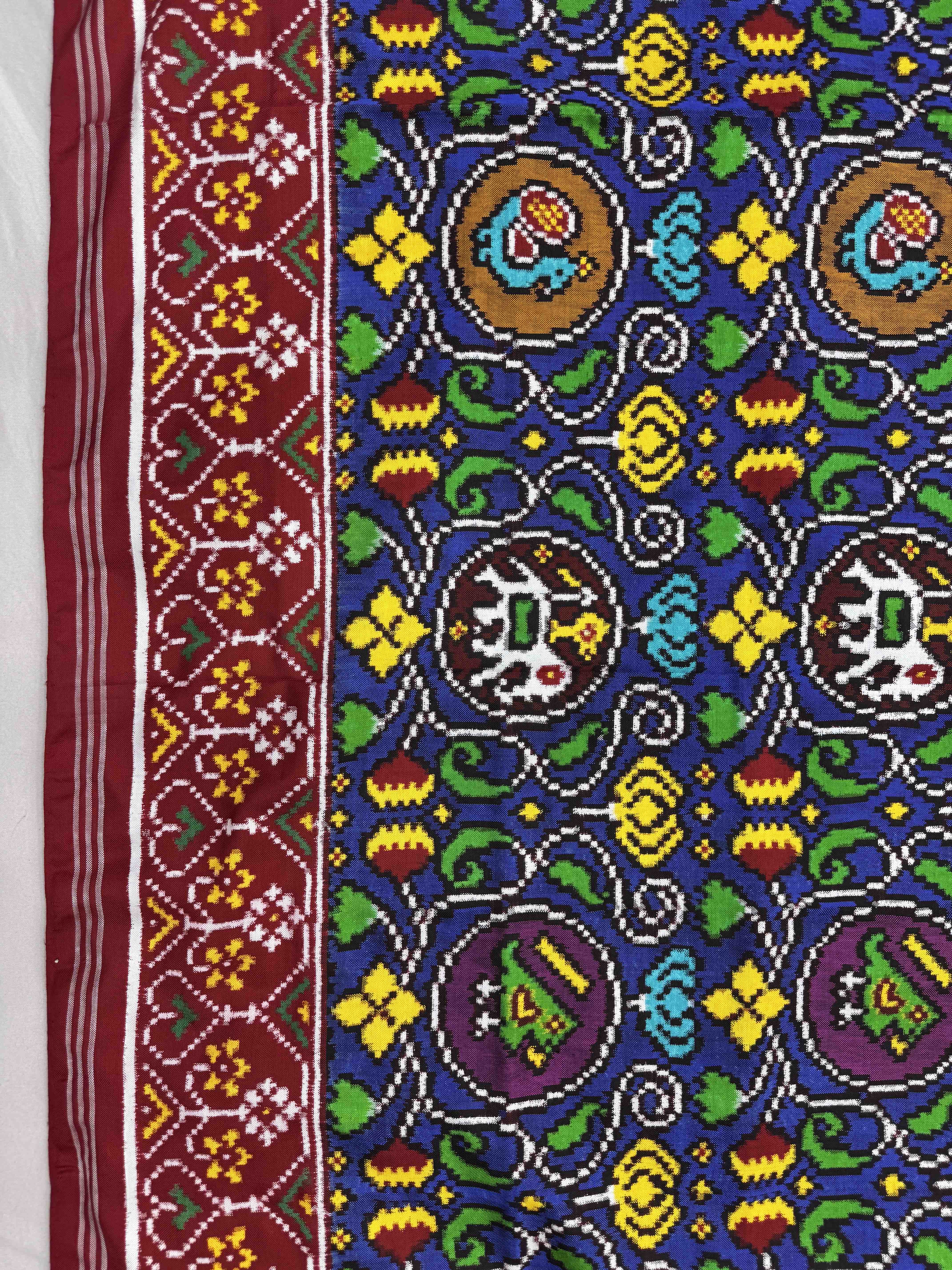 Red & Blue Fancy Circle Bird Double Ikat Patan Patola Saree