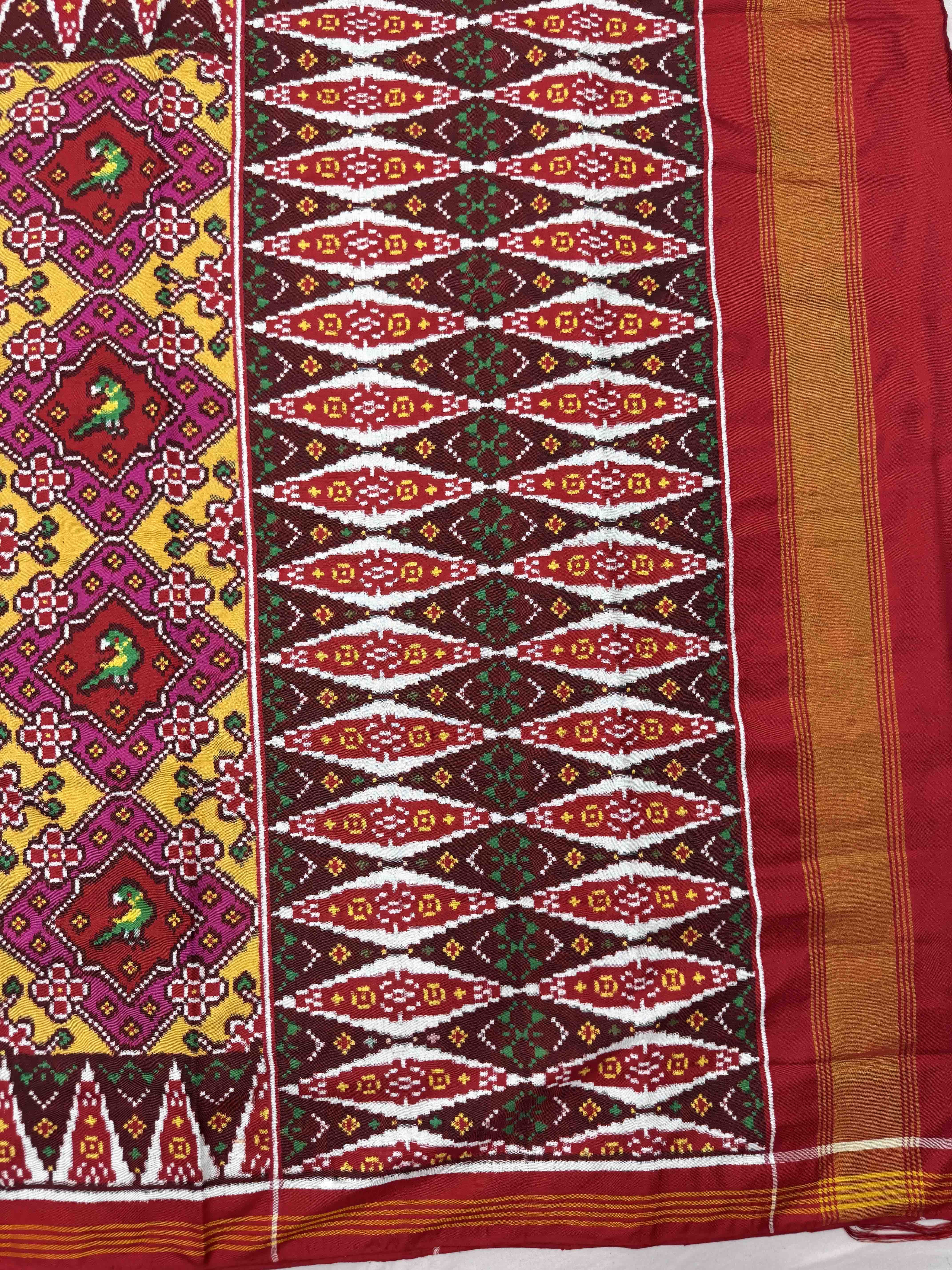 Red & Yellow with Pink Narikunj Double Ikat Patan Patola Saree