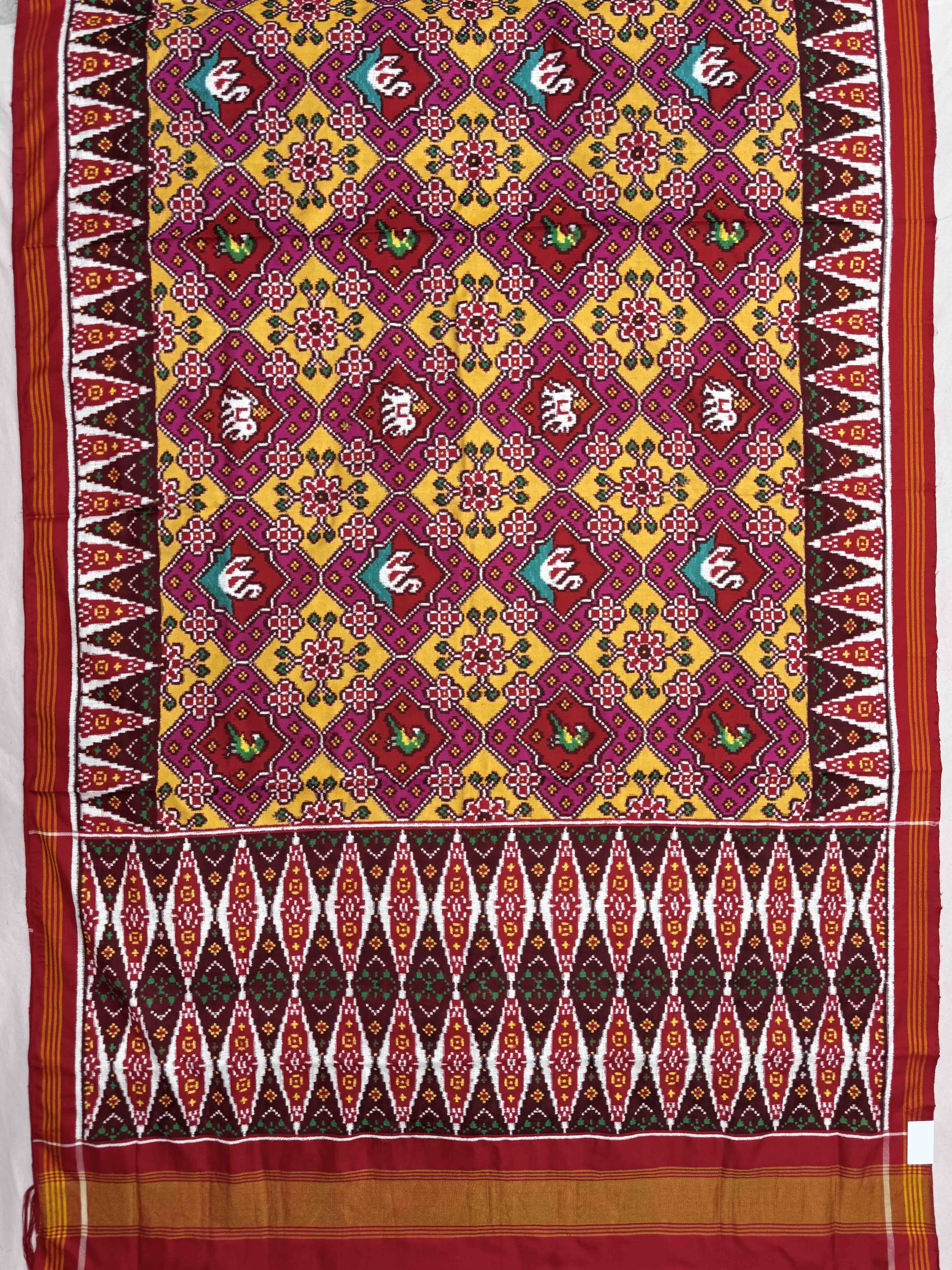 Red & Yellow with Pink Narikunj Double Ikat Patan Patola Saree