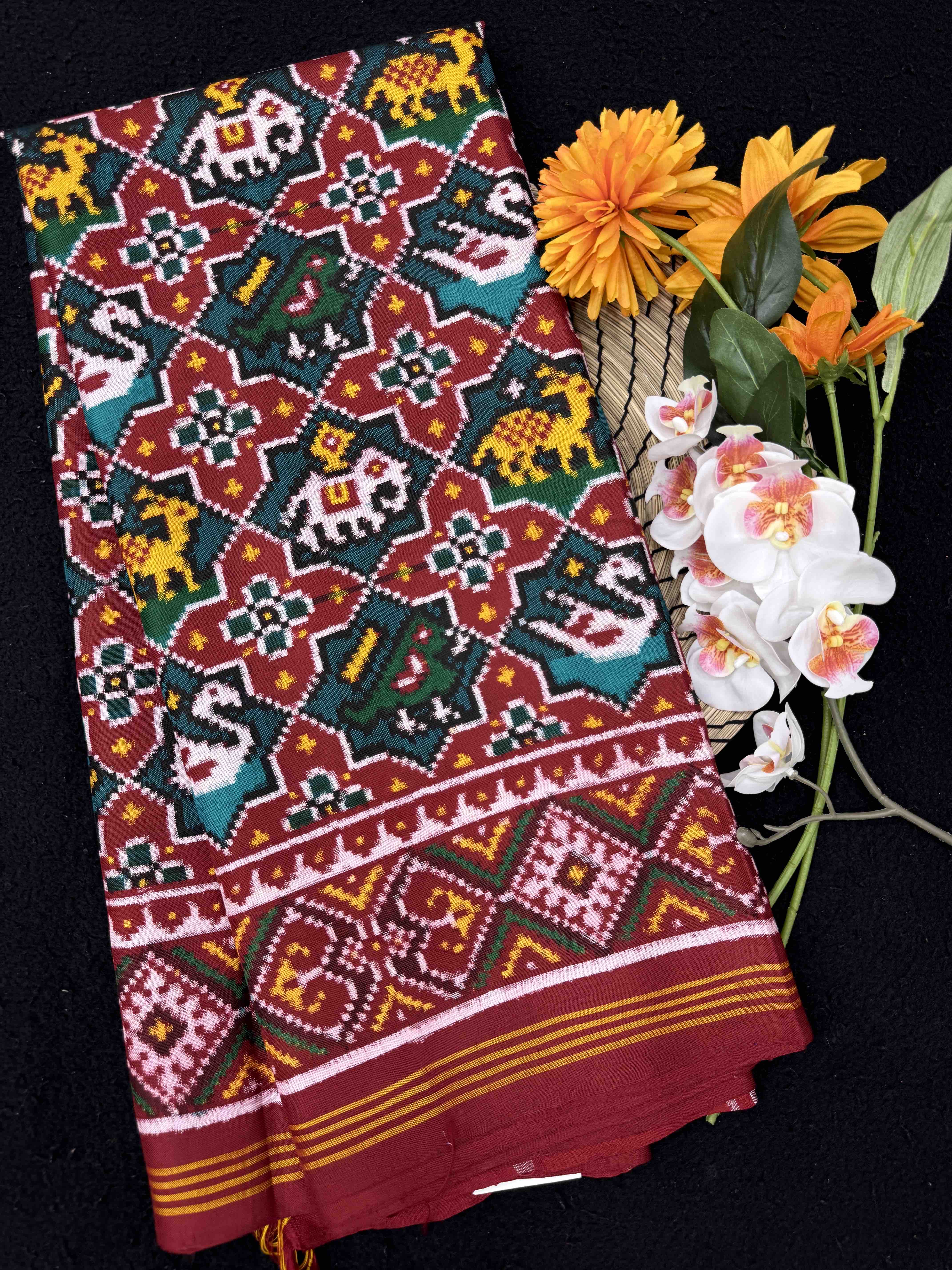 Red & Turquoise Small Star Narikunj Double Ikat Patan Patola Saree