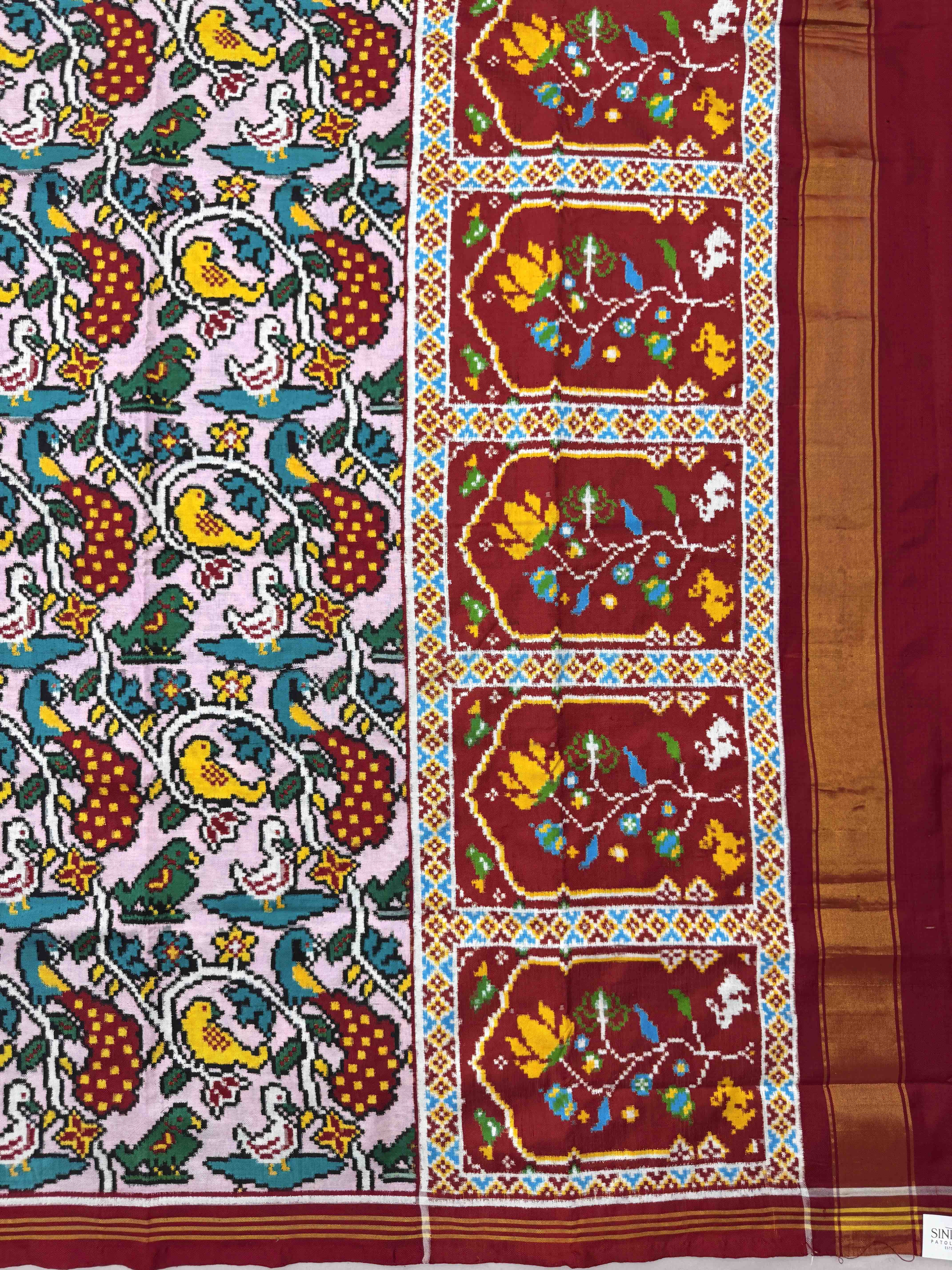 Red & Light Pink Fancy Birds Double Ikat Patan Patola Saree