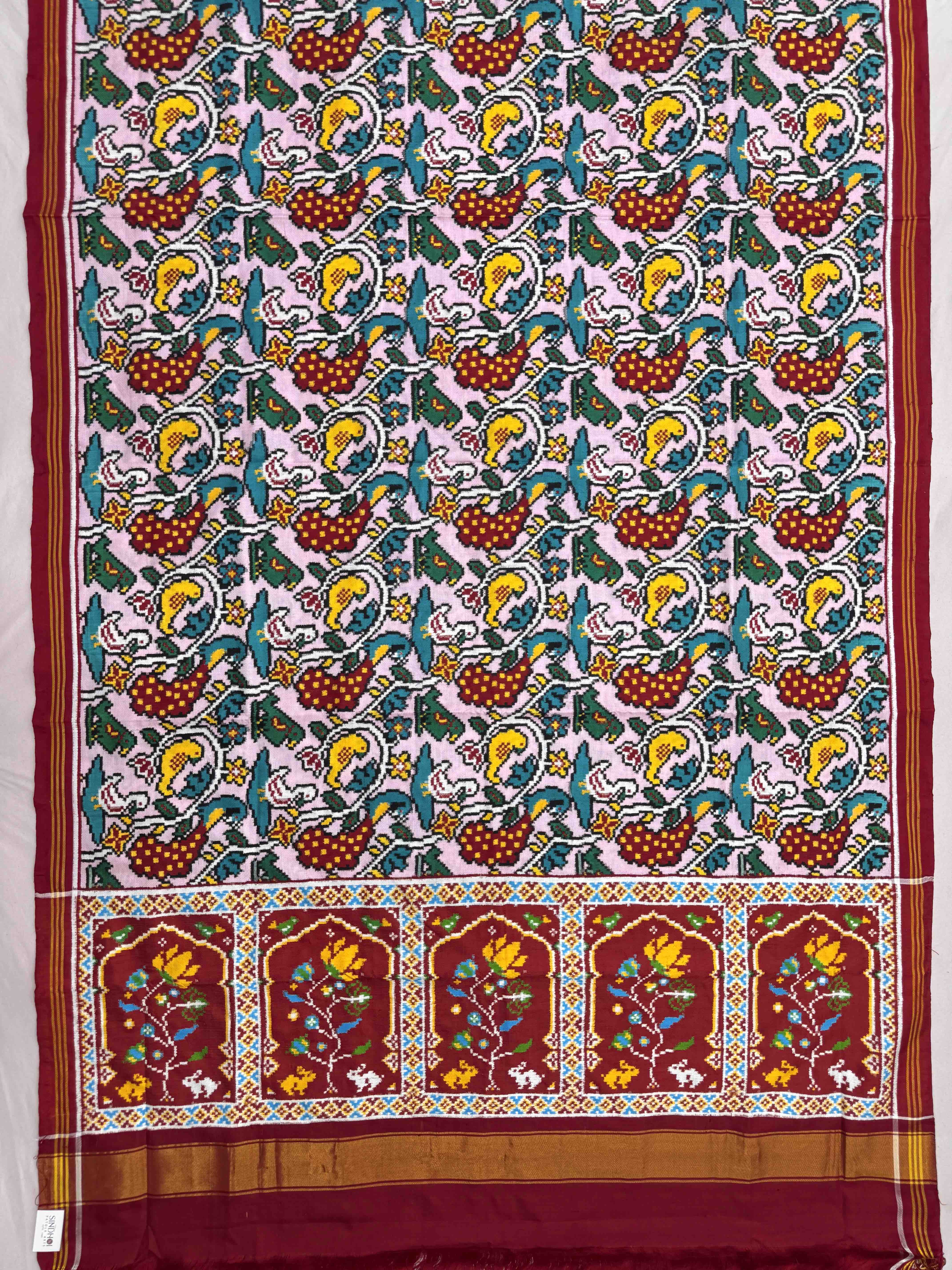 Red & Light Pink Fancy Birds Double Ikat Patan Patola Saree