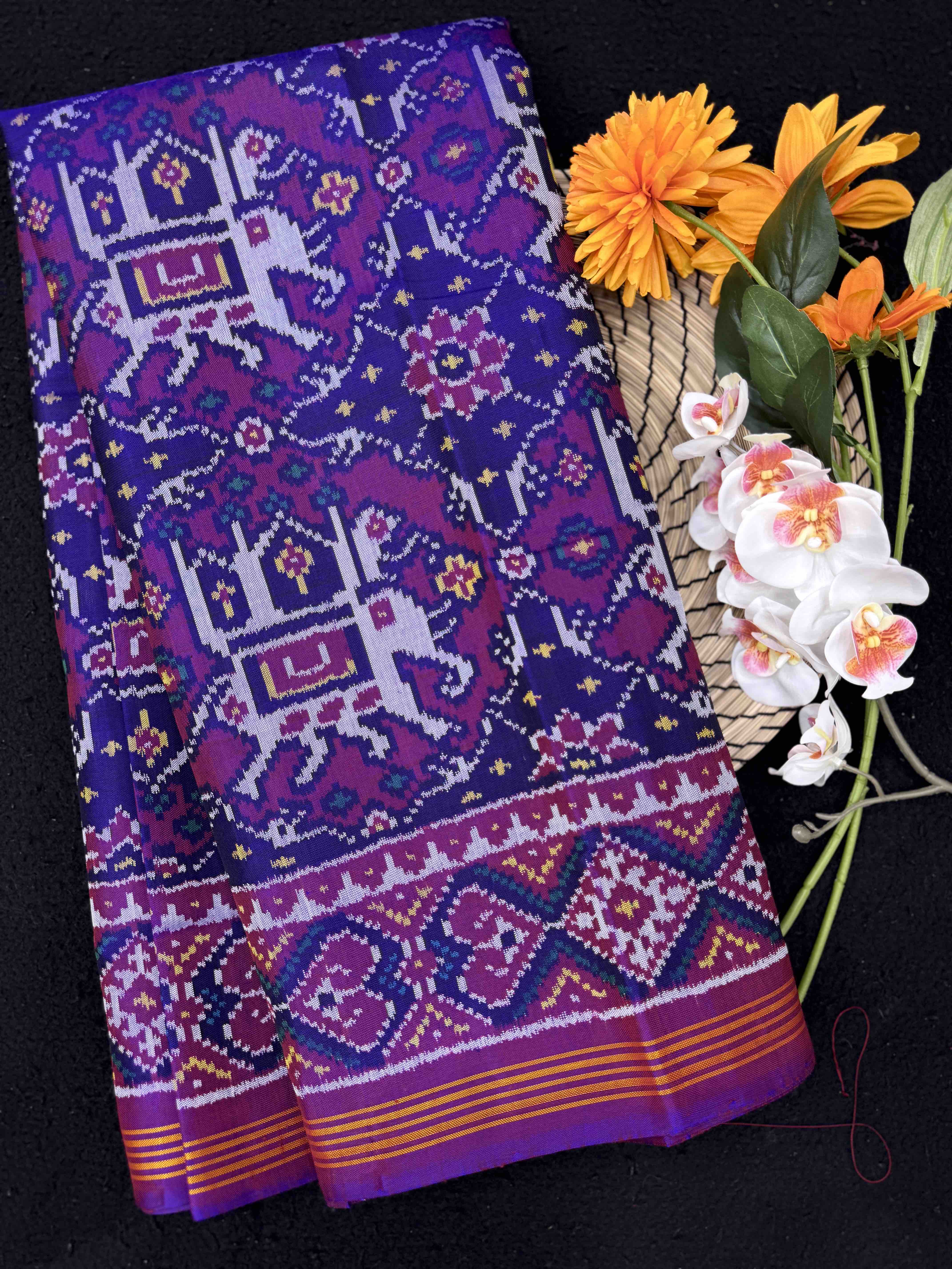 Purple & Blue Elephant Chhabdi Single Ikat Patan Patola Saree
