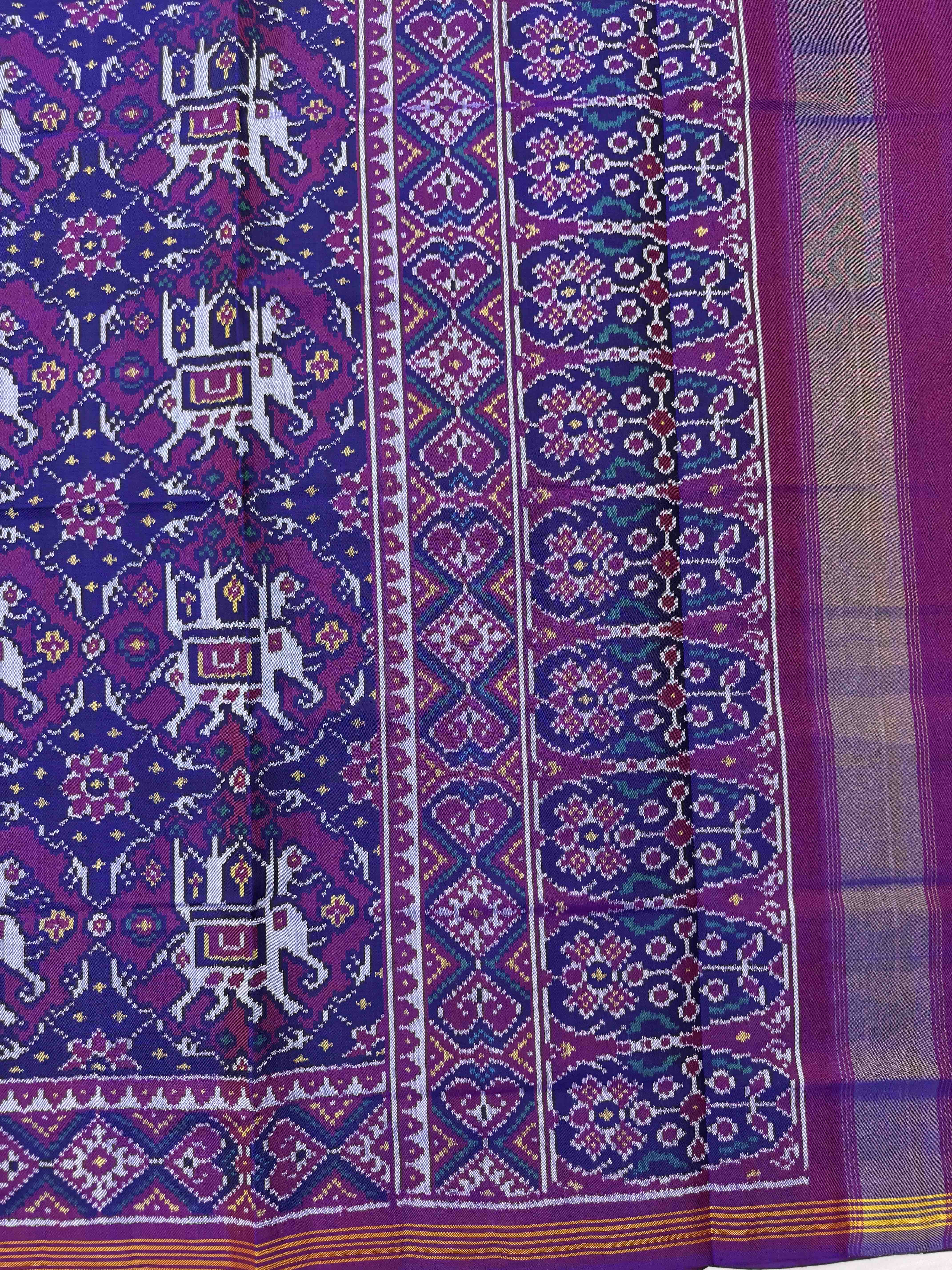 Purple & Blue Elephant Chhabdi Single Ikat Patan Patola Saree