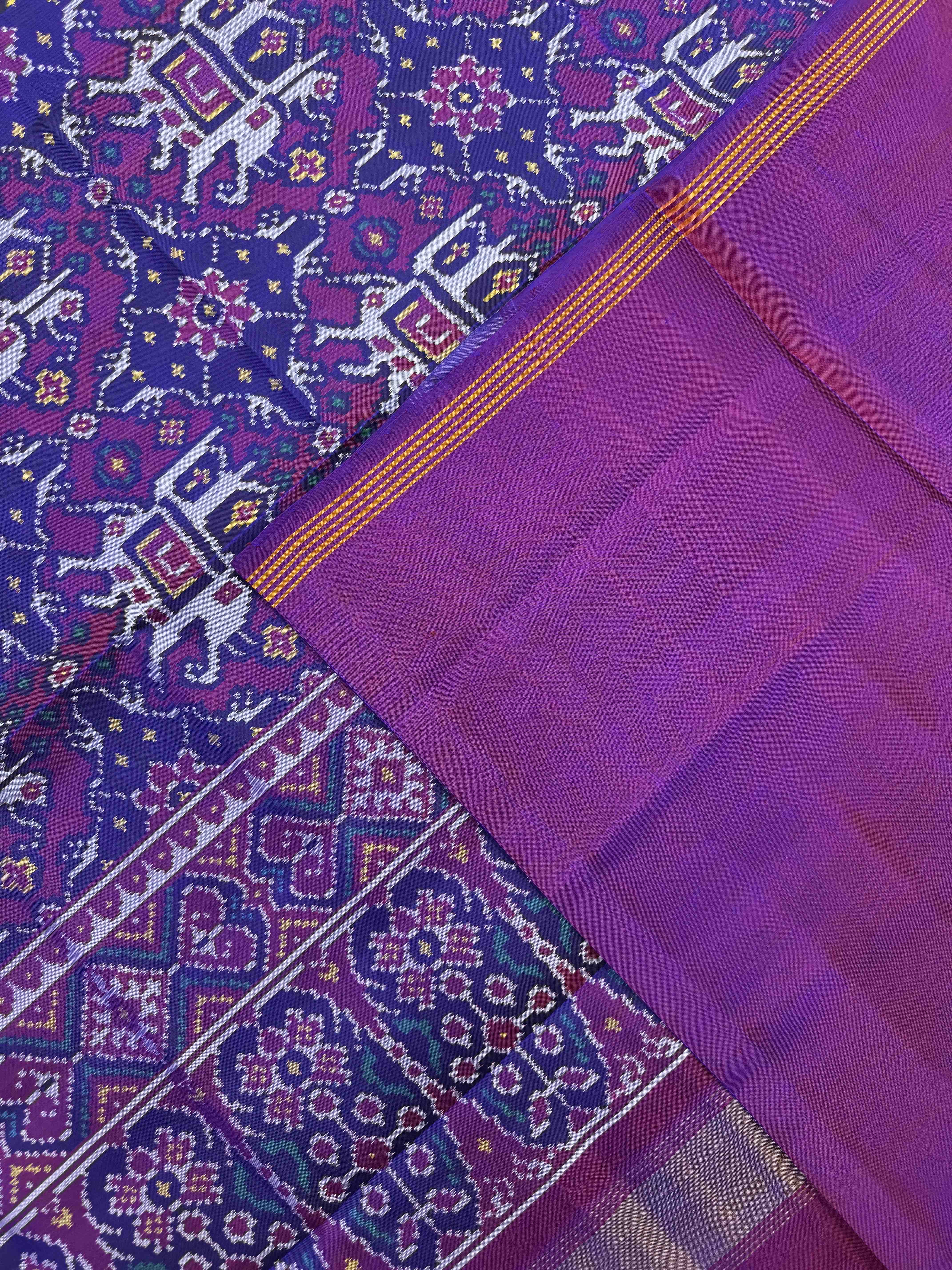 Purple & Blue Elephant Chhabdi Single Ikat Patan Patola Saree