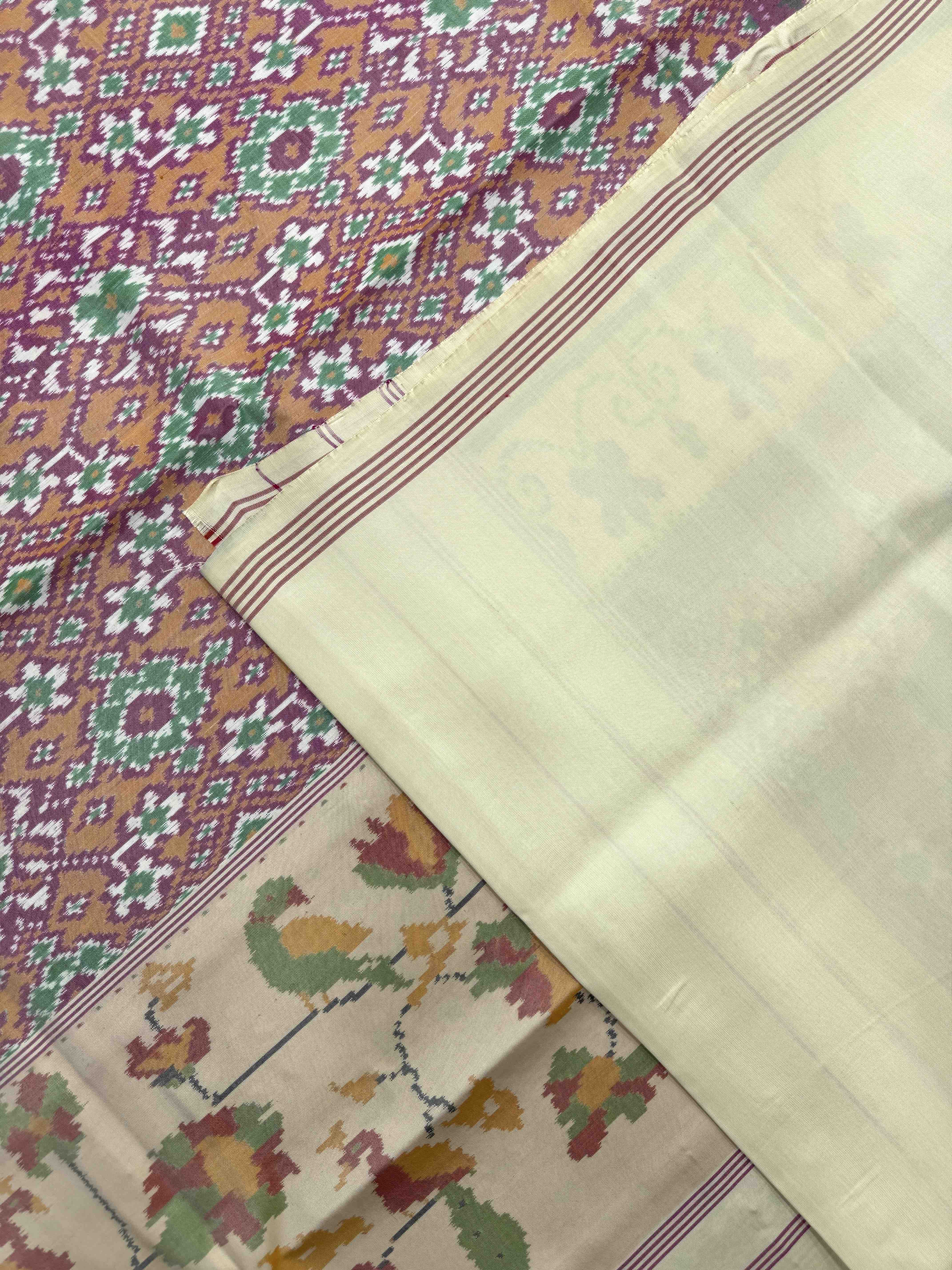 Yellowish White & Orange Navratan Single Ikat Patan Patola Saree
