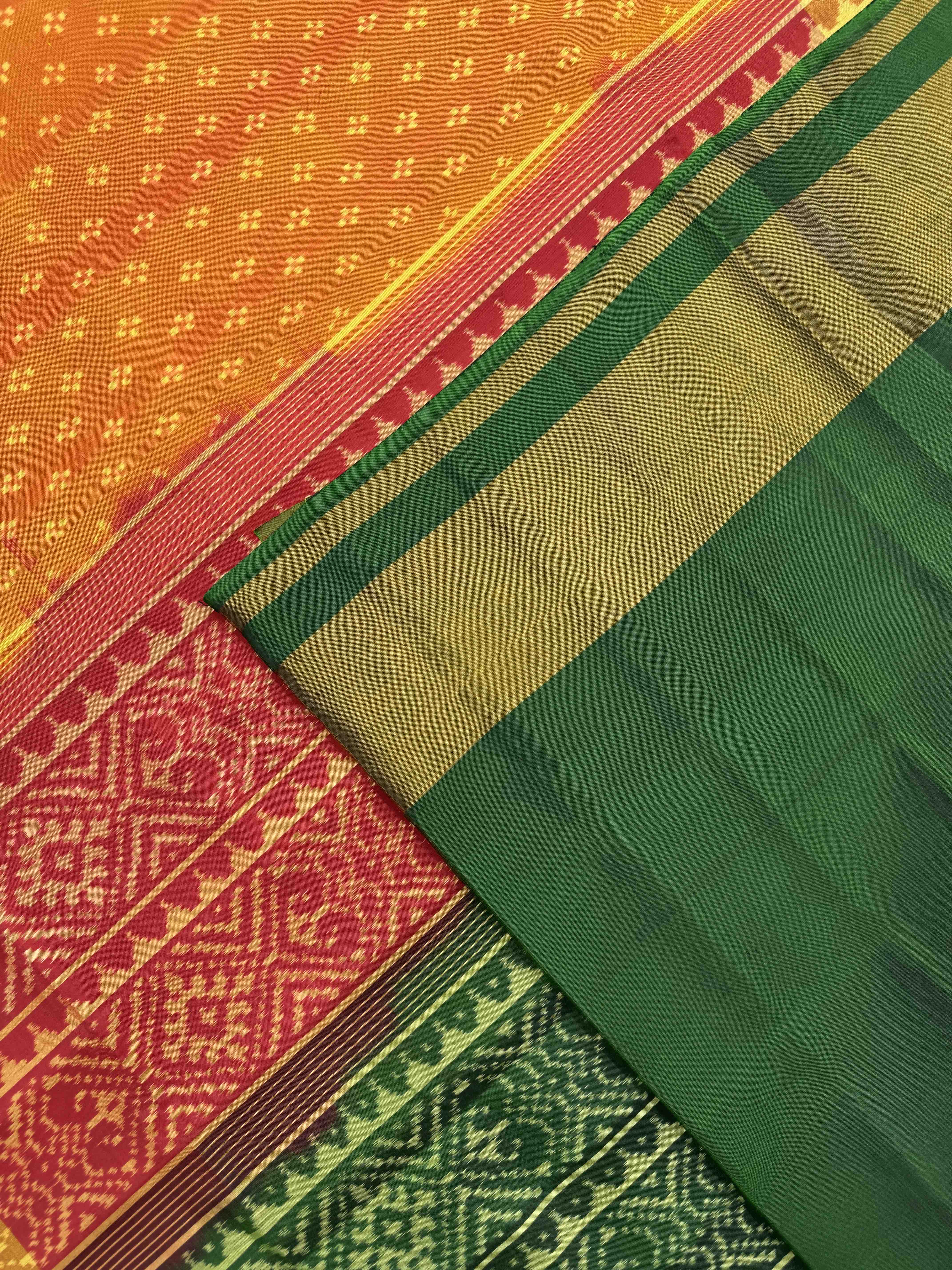 Golden Yellow Booty with Panchanda Scut Border Patola Saree