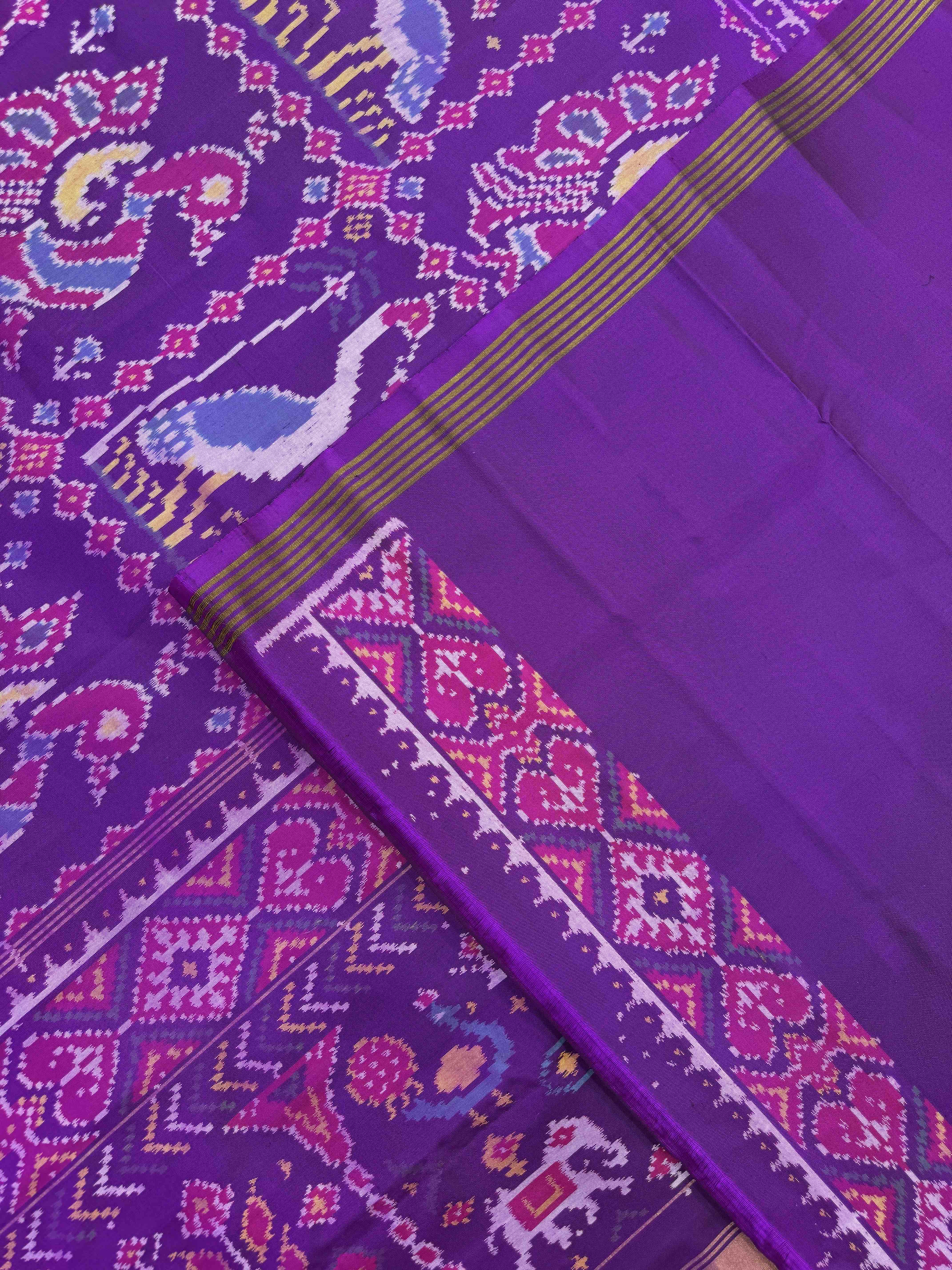 Purple Big Figure Peacock Swan Single Ikat Patan Patola Saree