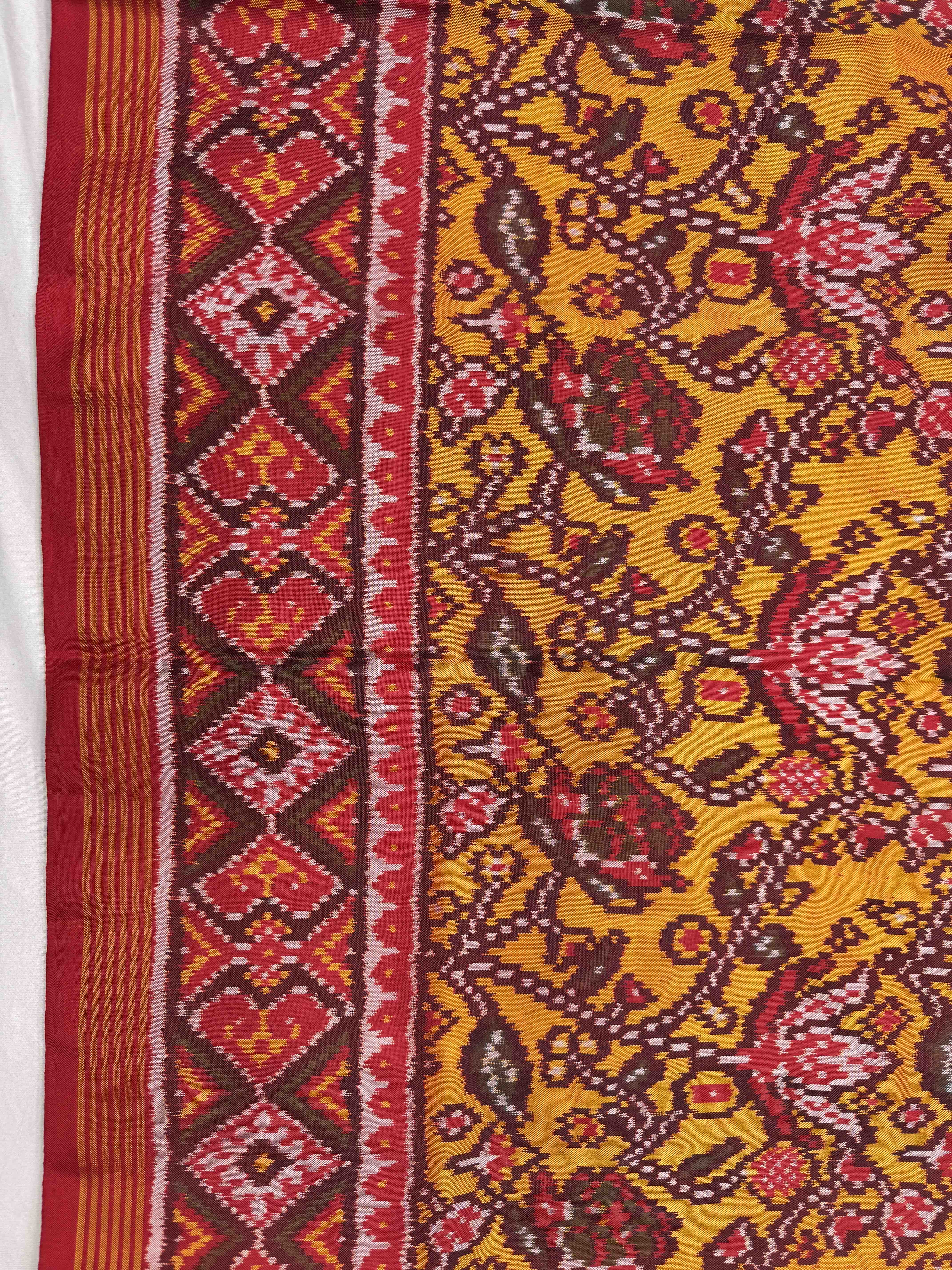 Red & Yellow Flower Leaves Fancy Single Ikat Patan Patola Saree