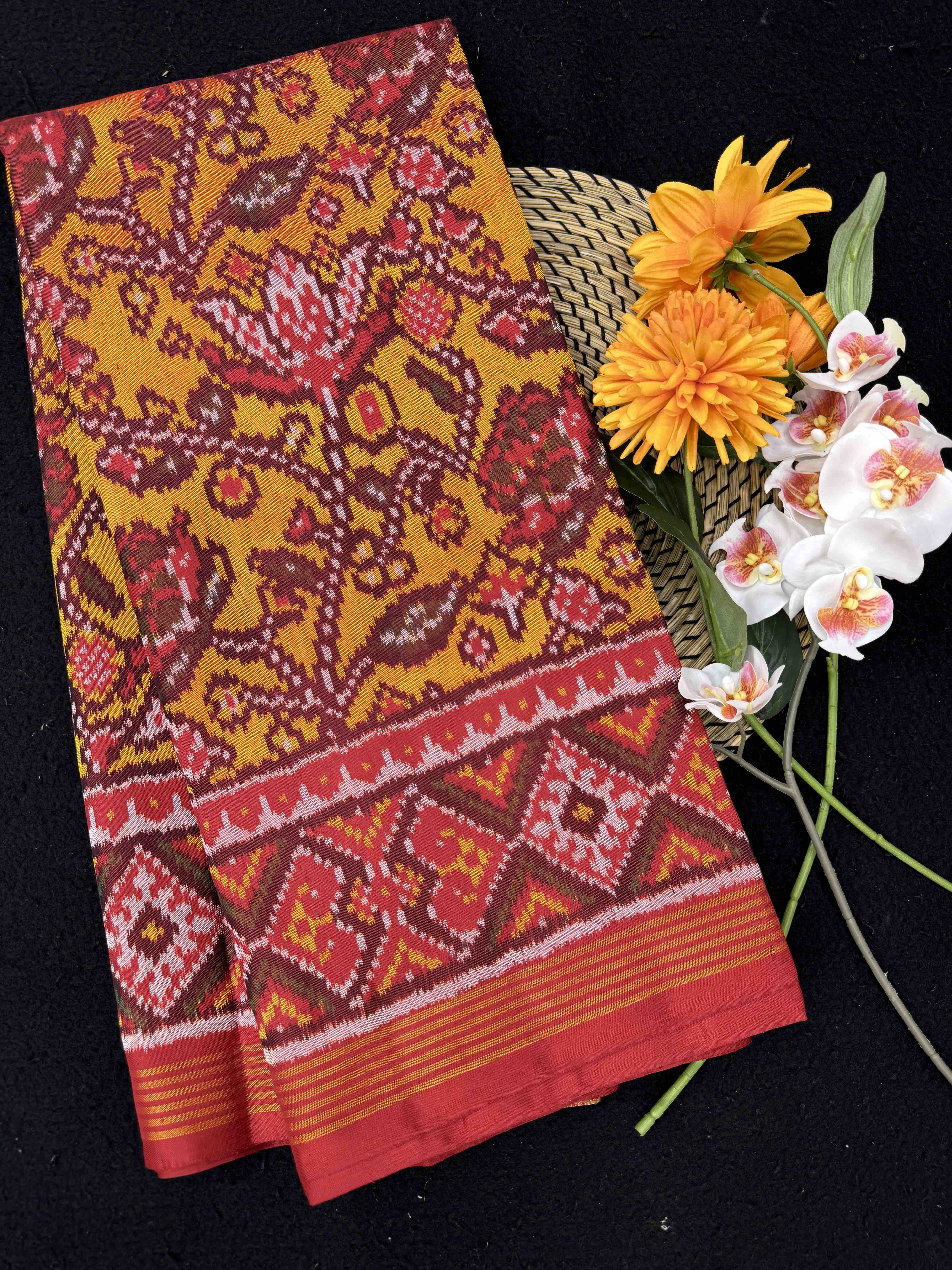 Red & Yellow Flower Leaves Fancy Single Ikat Patan Patola Saree