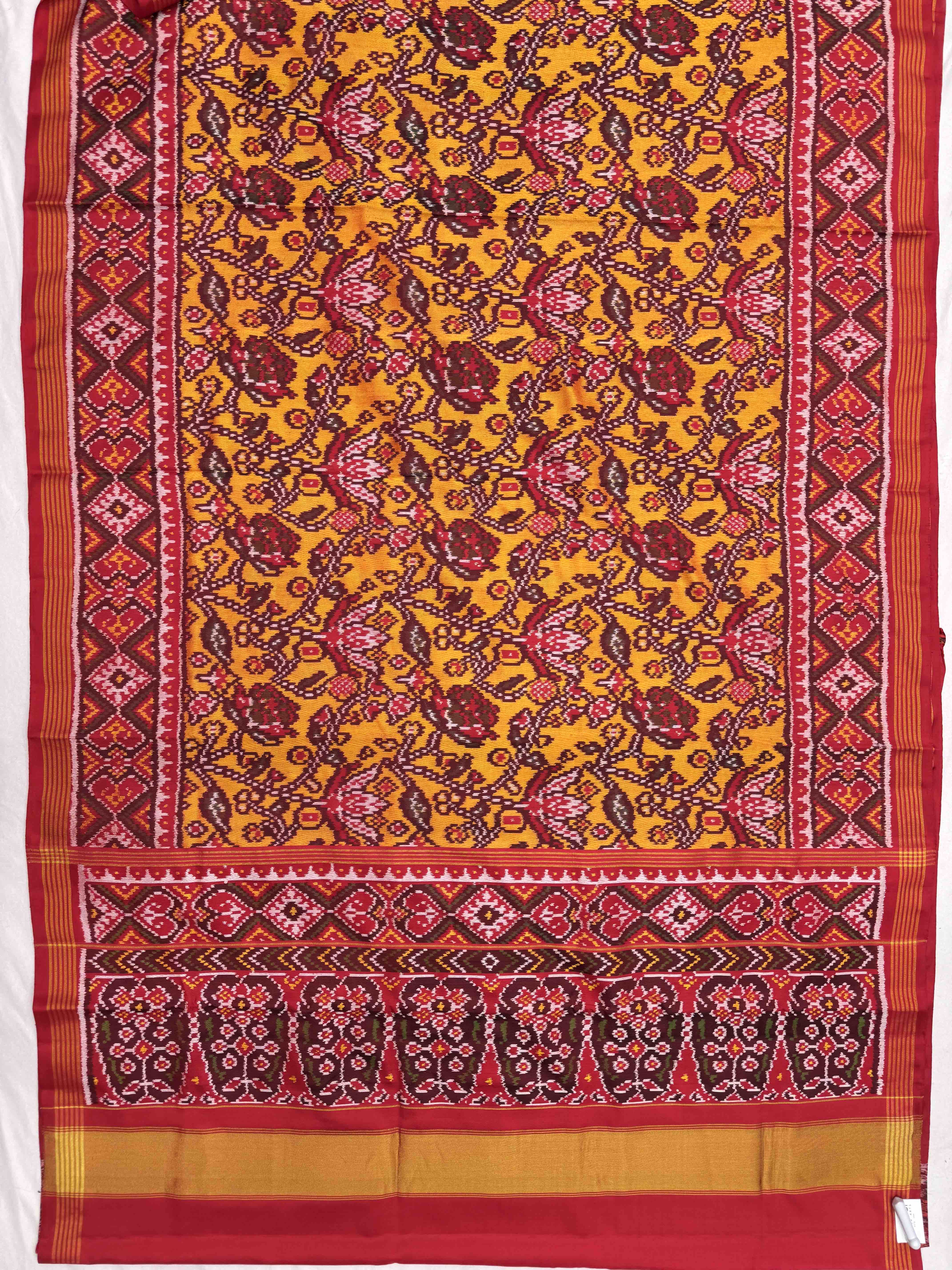 Red & Yellow Flower Leaves Fancy Single Ikat Patan Patola Saree