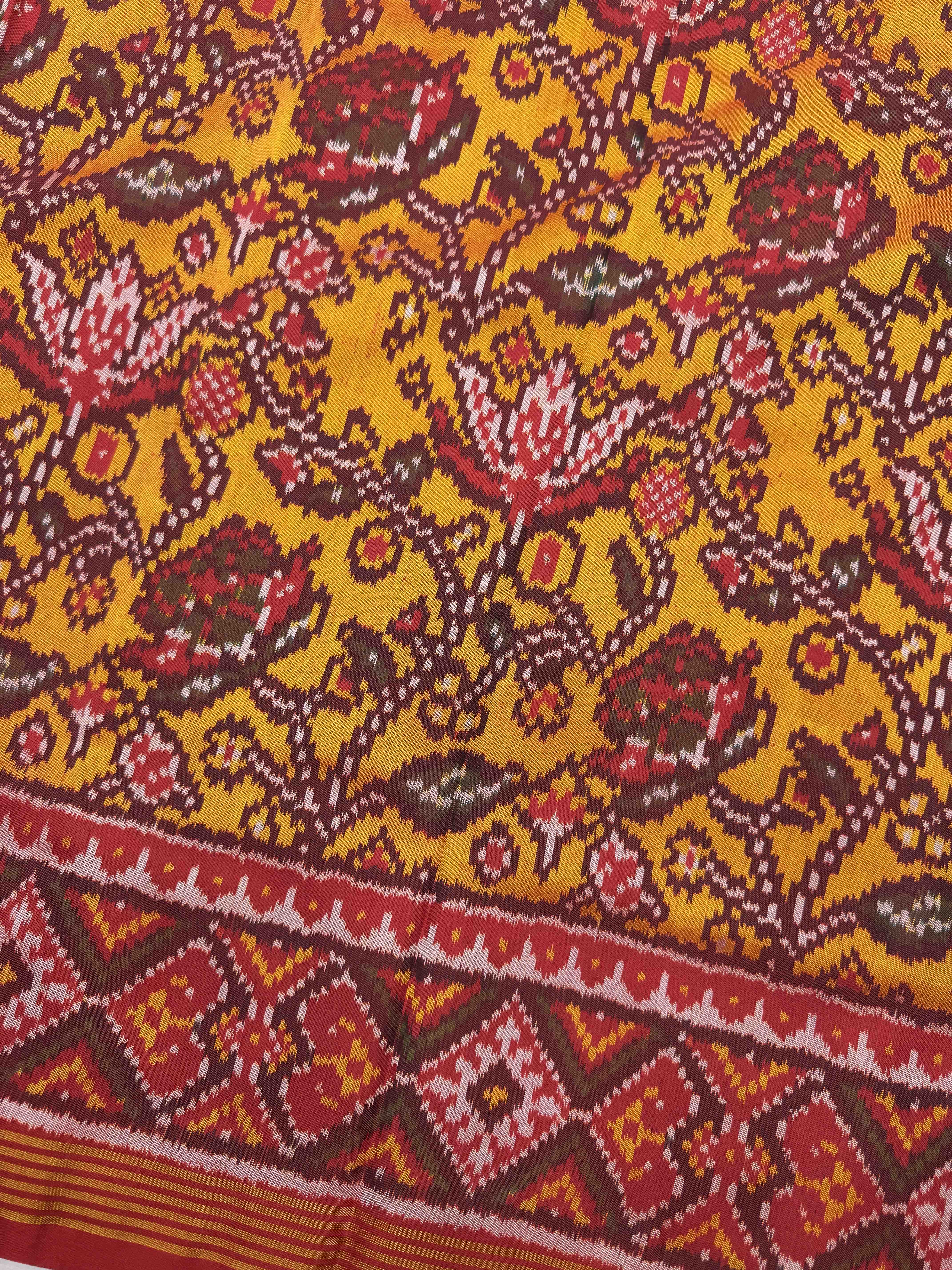 Red & Yellow Flower Leaves Fancy Single Ikat Patan Patola Saree